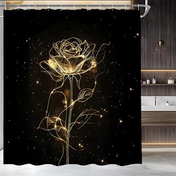 Rose Shower Curtain Black Gold Flower Aesthetic Floral Creative Modern Fabric Bathroom Decor Set with Hooks,70" WX70 H