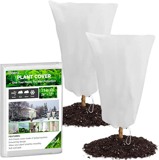 LUOBITO Frost Protection Plant Covers 2 Packs 60x80cm Garden Fleece Plant Protection Bag with Drawstring 60gsm Winter Plant Warming Fleece Jacket for Fruit Tree Potted Shrub Plants