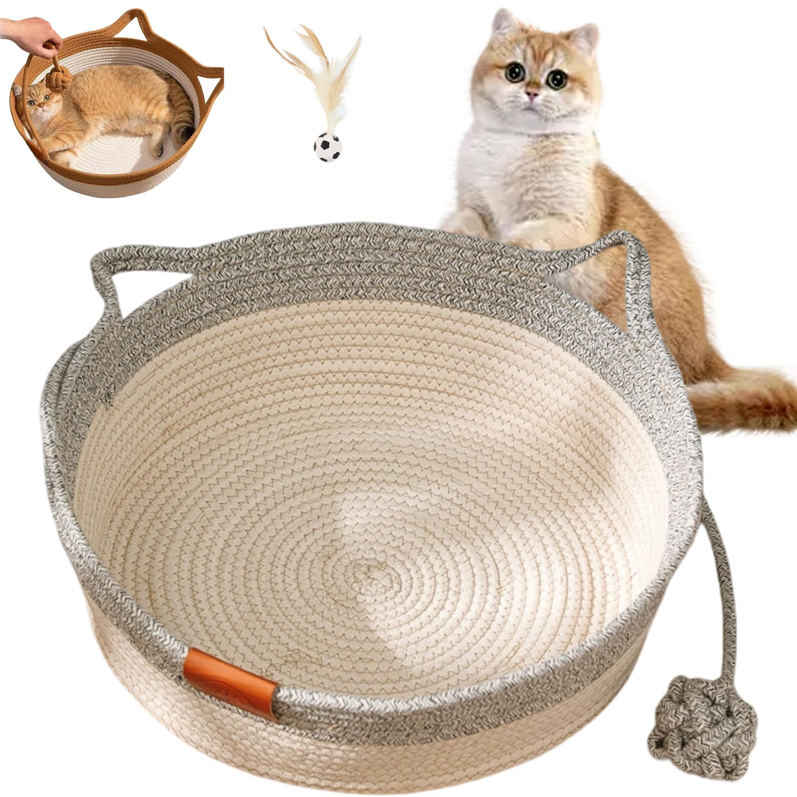 Vgpbphj Stimulicat Cat Bed, Stimulicat Handwoven Basket, Cat Bed Rope Cotton, Foldable Scratchable Hammock with Cats Ear Design, Breathable & Easy to Clean, all Season Universal (Gray, S)