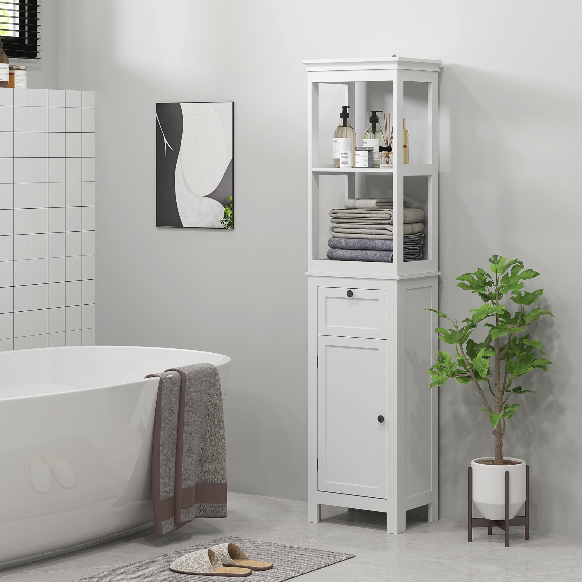 HOMCOM Columna de Baño Armario de Baño 40x30x165 cm con Cajón Puerta Estante Ajustable y 2 Compartimientos Estilo Moderno Blanco