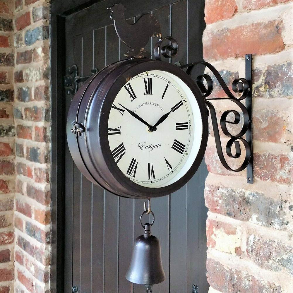 Horloge murale double face - Horloge de gare - Étanche - 30 x 37 x 9 cm - Avec design en fer forgé - Style rétro - Pour gare, couloir ou jardin - Noir