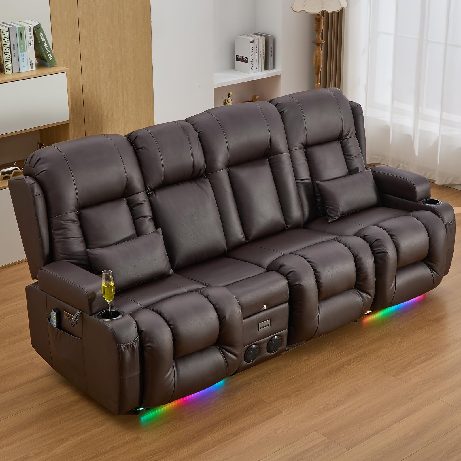 IPKIG 89" Power Reclining Loveseat Sofa, Electric Home Theater Seating with Console/4 Colors Ambient Lighting/Bluetooth Speakers/USB Ports/Built-in