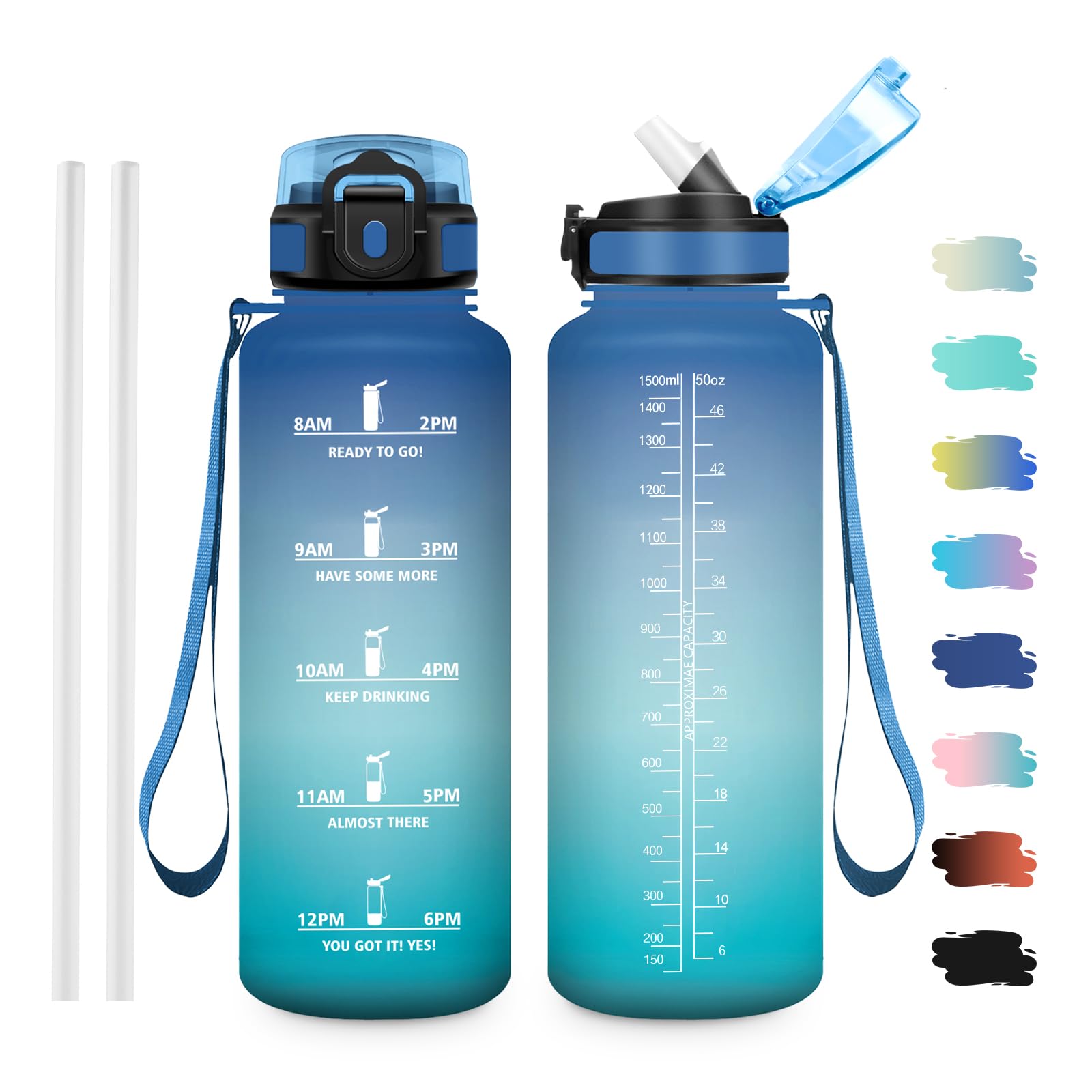 JAPORIA 1.5L Water Bottle, Water Bottle with Straw, Sports Water Bottles with Time Markers, BPA Free Bottle for School, Office