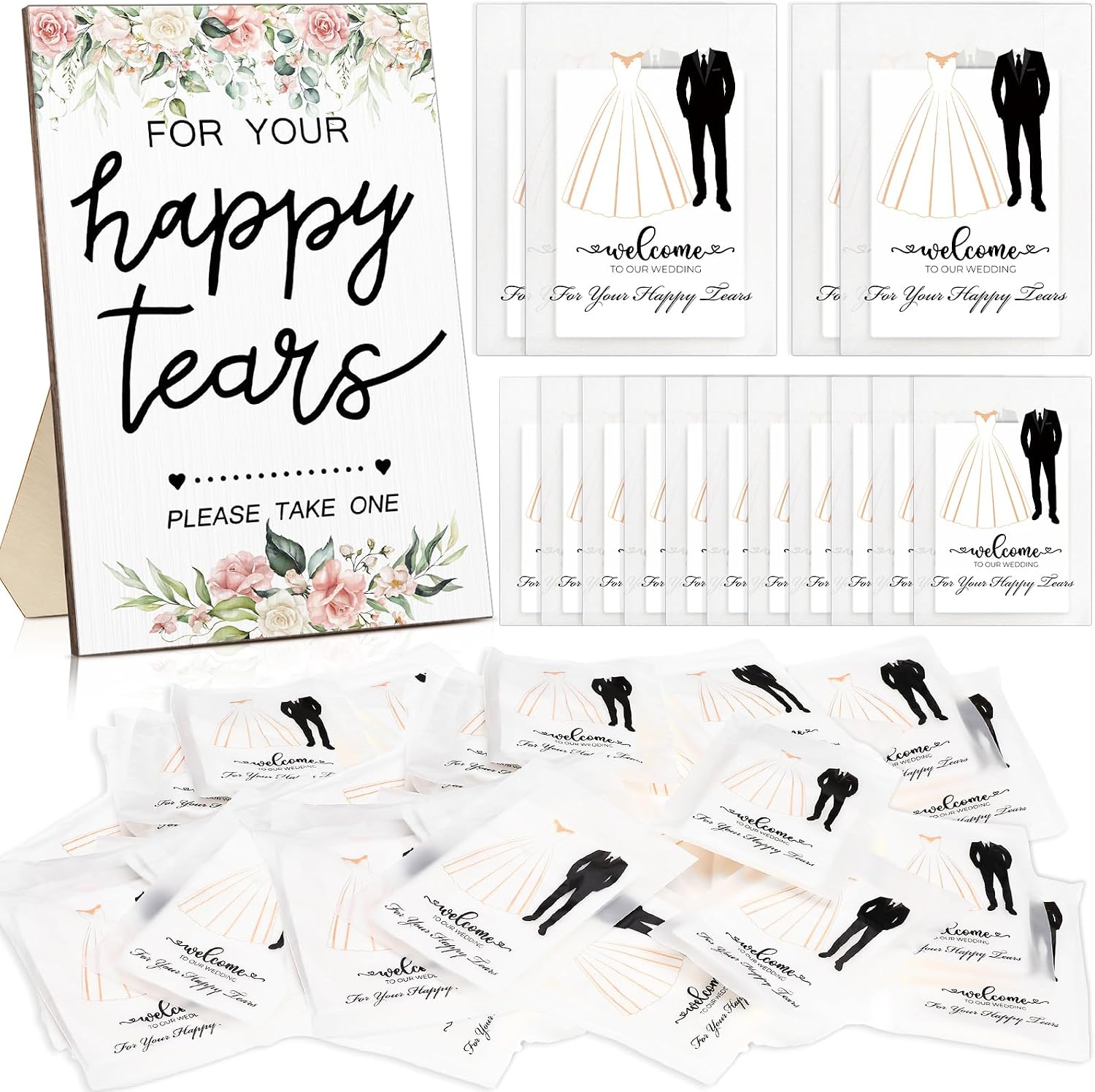 Beeveer 101 Pcs Happy Tears Tissue Packs Wedding Favors with Sign,Flower