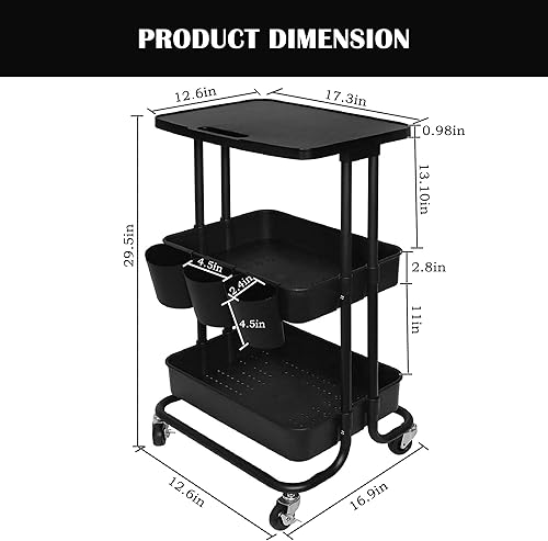 Miniatura 9 de BEEY Carrito de almacenamiento, carritos rodantes de 3 niveles con ruedas, carrito utilitario rodante con mesa y 3 tazas de almacenamiento para