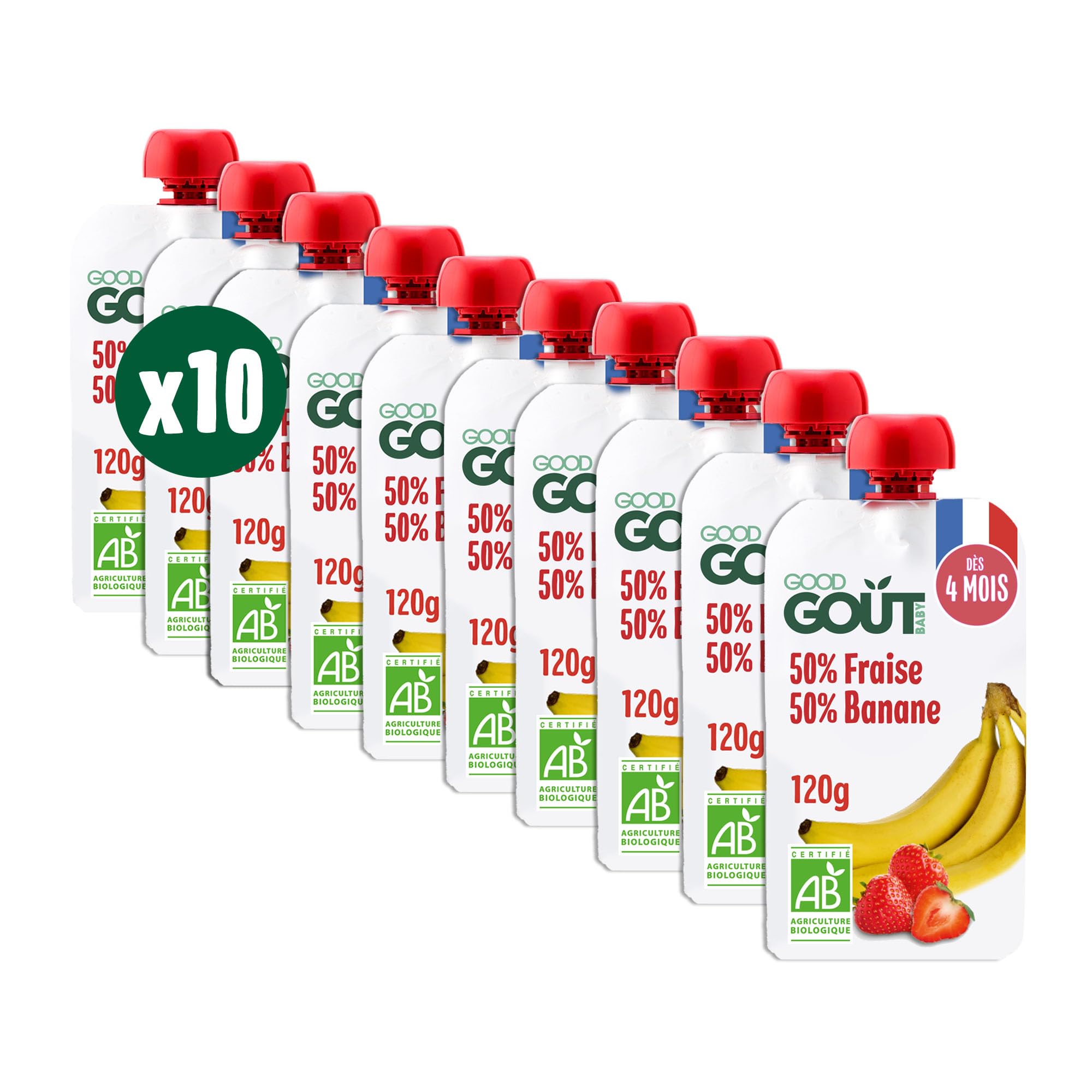 GOOD GOÛT - Gourdes Fraise Banane - Purée Bébé - Dès 4 Mois - 50% Banane, 50% Fraise - Sans Sucres Ajoutés - Fabriqué En France - 10x120g