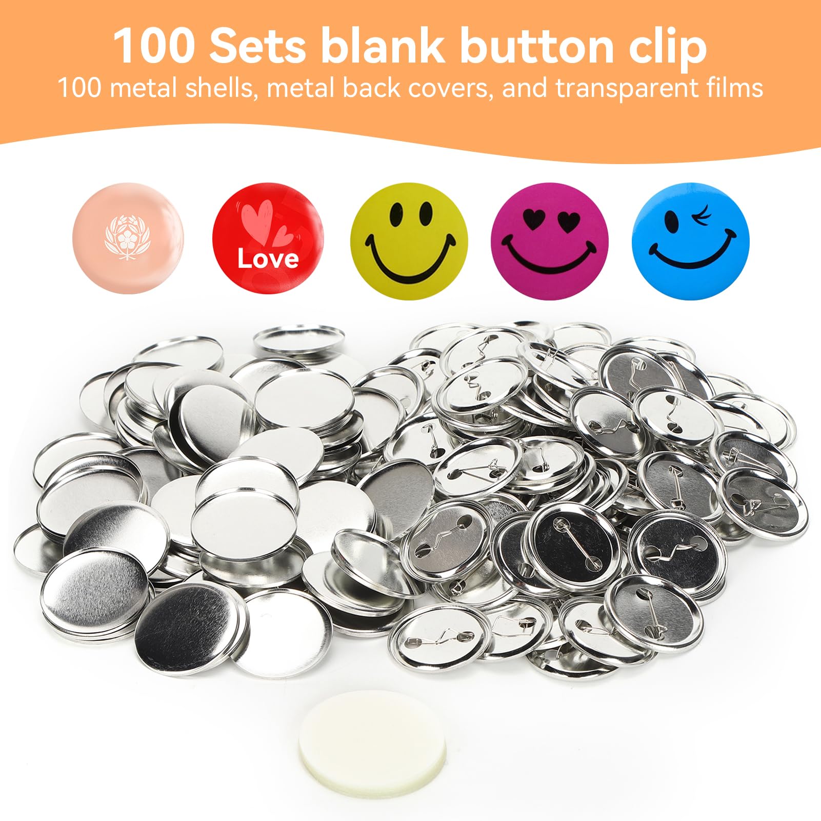 Kit 100 Pièces Pour Fabriquer Badges Boutons - Supports Métal Ronds 75mm, Papier Vierge Inclus