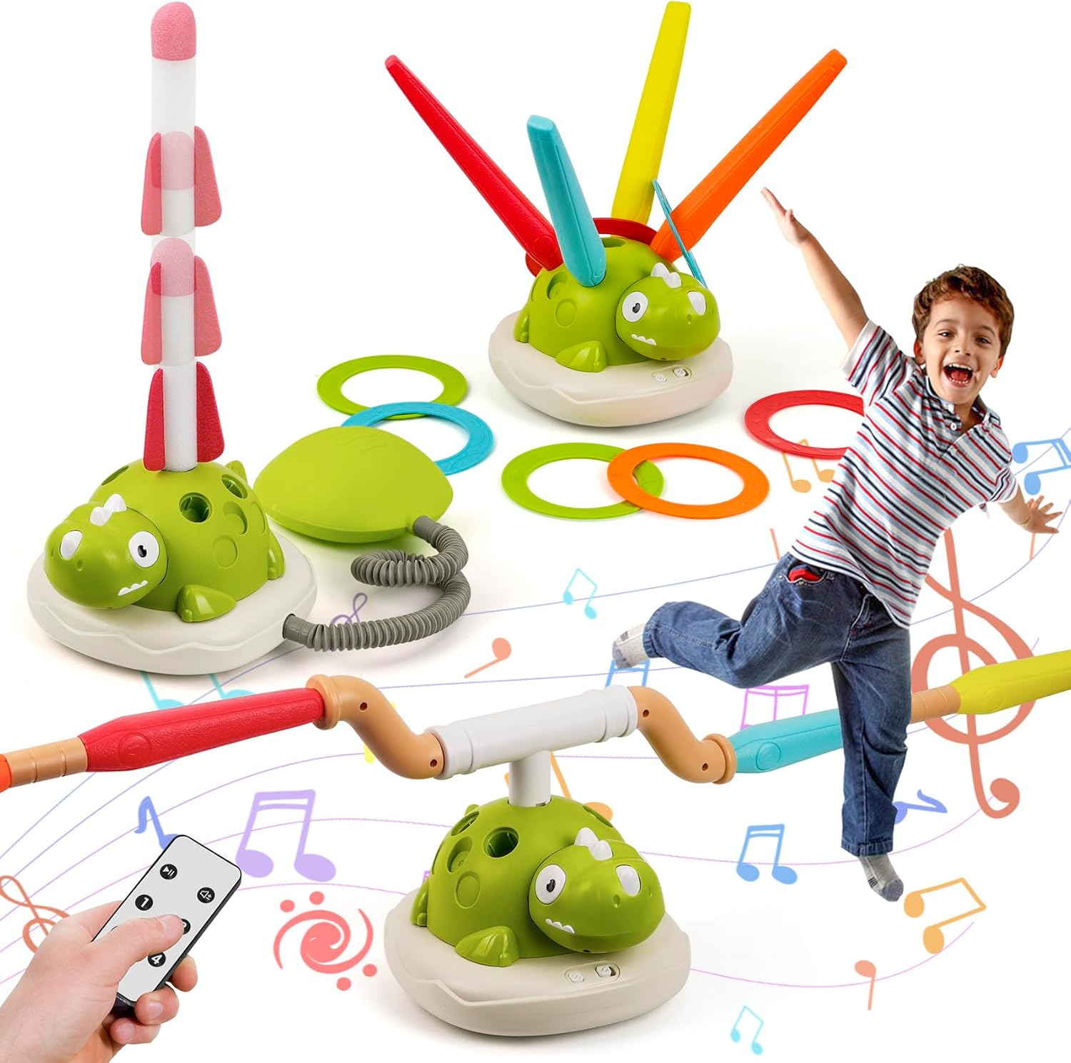 3-in-1 Dinosaur Rocket Launcher, Ring Toss & Musical Jumping Toy for Kids Aged 3-8 , Remote Control Outdoor & Indoor Toys for Boys and Girls , Birthday Gift for Boys & Girls Ages 4-8