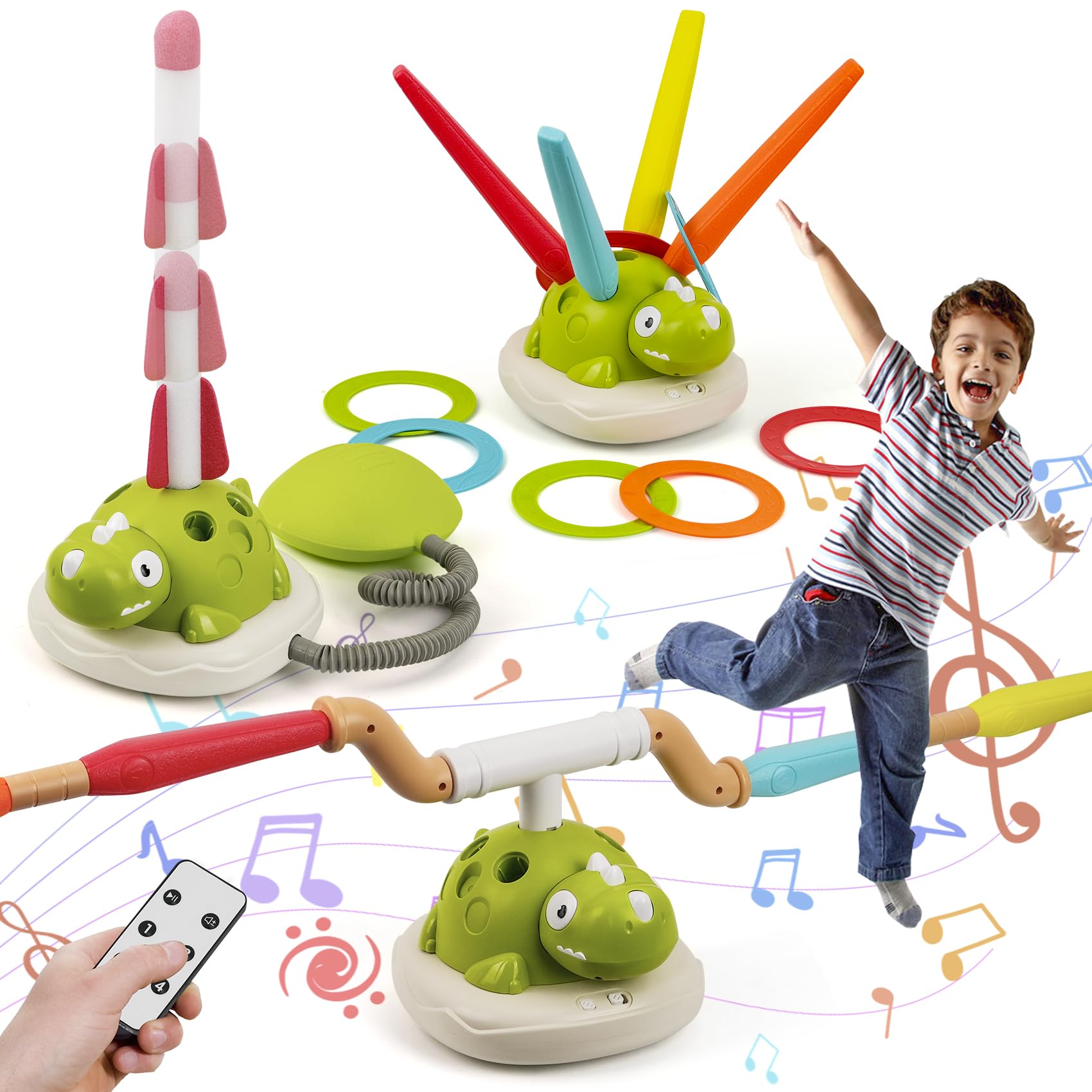 ISMETACU 3-in-1 Dinosaur Rocket Launcher, Ring Toss & Musical Jumping Toy for Kids Aged 3-8, Remote Control Outdoor & Indoor Toys for Boys and Girls, Birthday Gift for Boys & Girls Ages 4-8