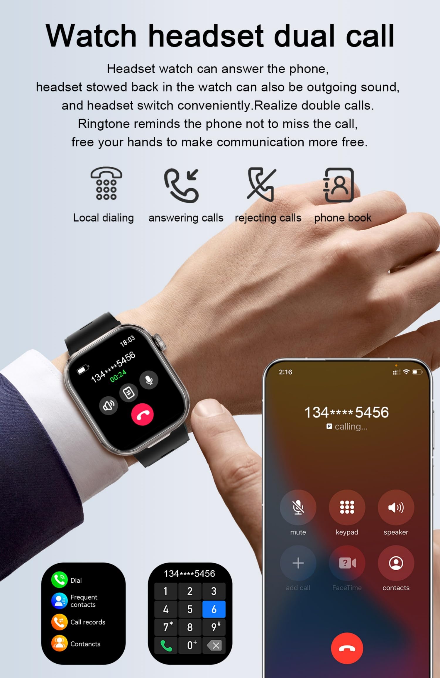 AIEK Inteligentny zegarek, wbudowane słuchawki Bluetooth, pulsometr / uśpienia / ciśnienia krwi, duży wyświetlacz dotykowy 2,02 cala, zegarek fitness do smartfona z systemem iOS, Android, zegarek