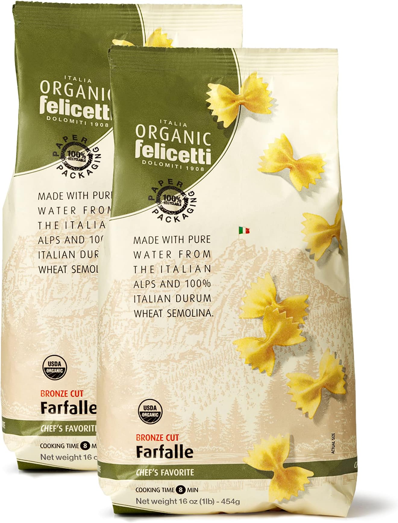 Organic Felicetti Farfalle Pasta Italian Non-GMO 16oz (454g) 2 Pack