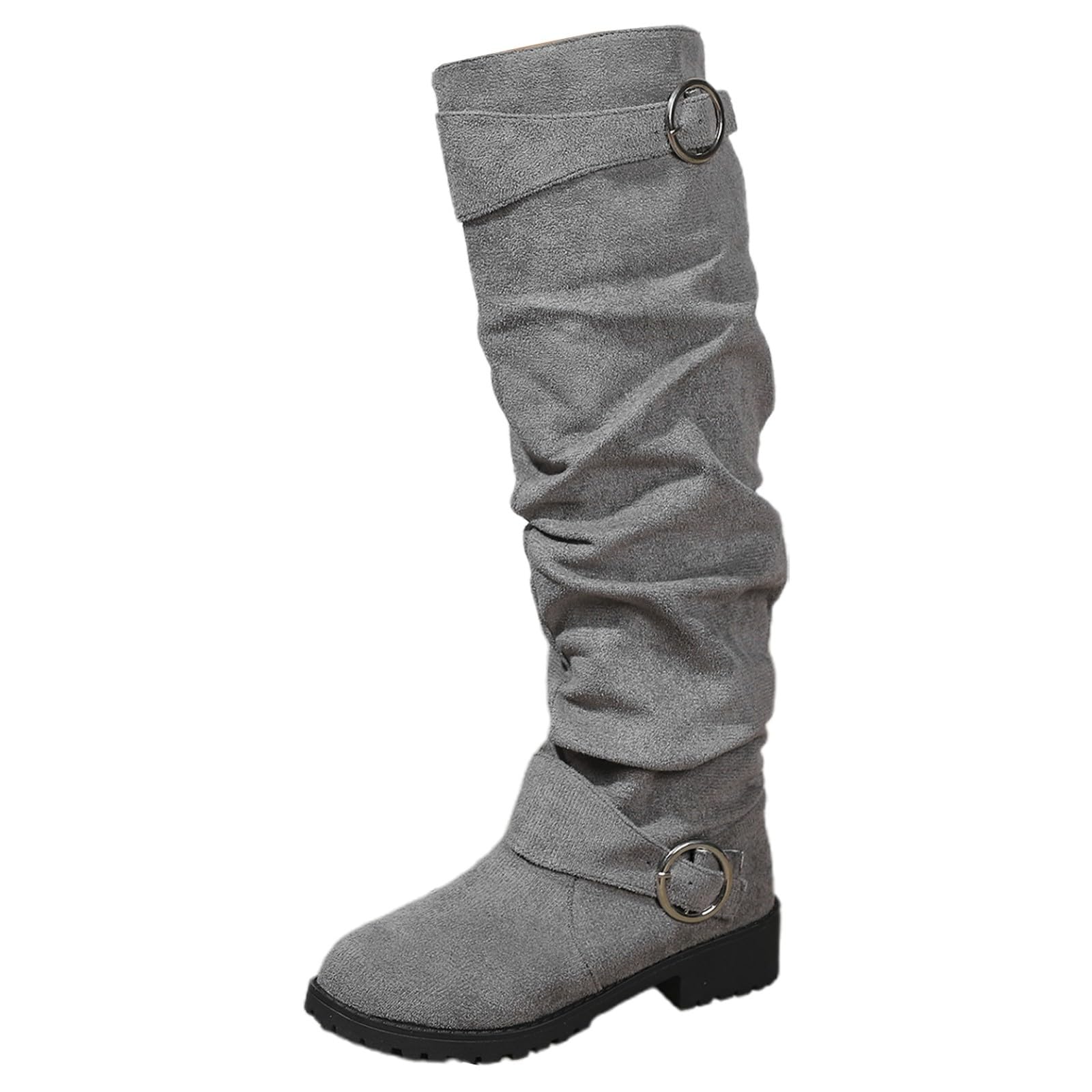 Knee High Boots Women Suede Buckle Flat Heel Mid Calf Boot Modern Western Cowboy Boots Slouchy Dress Knight