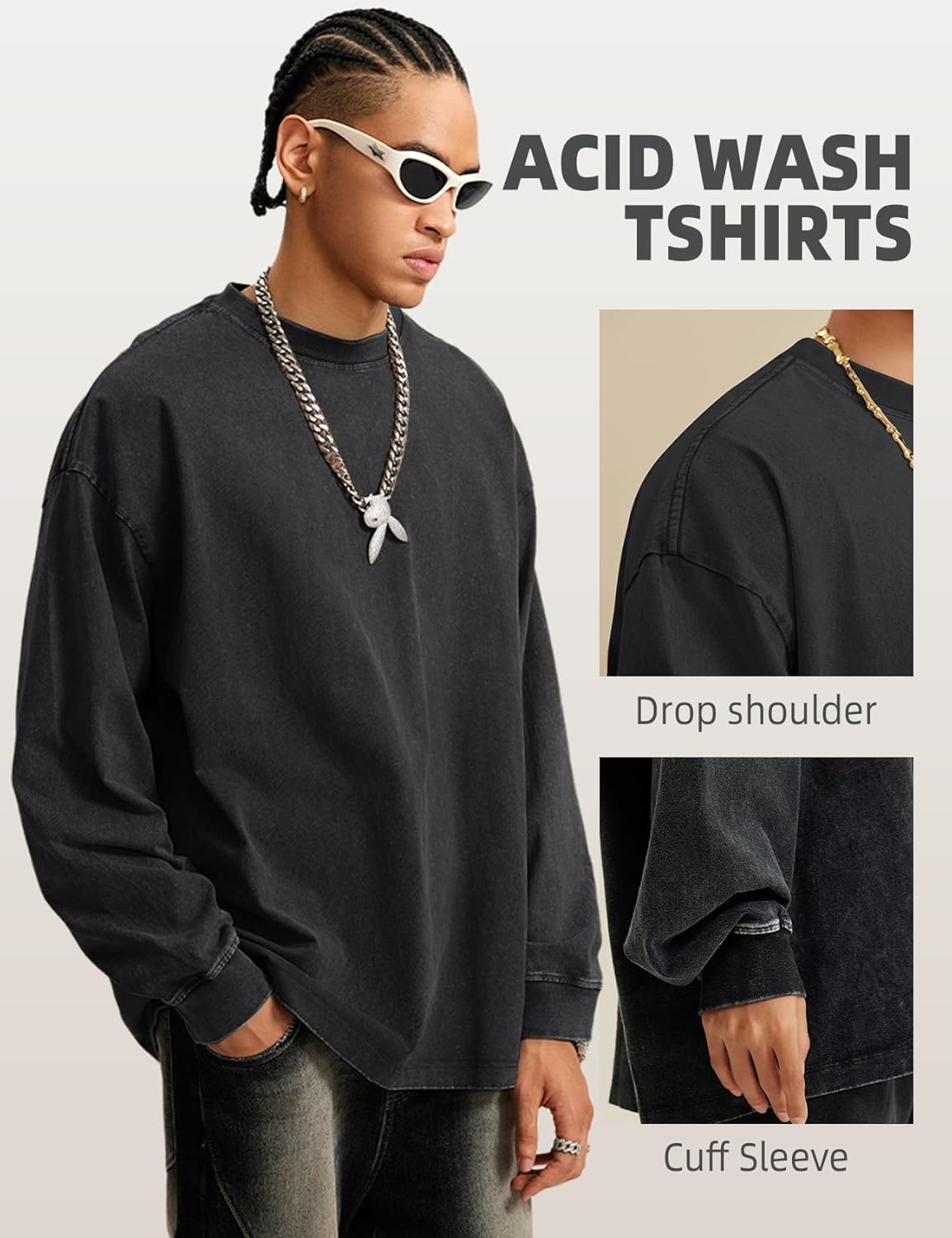 Arssm Mens Oversized T-Shirts Cotton Long Sleeve Tshirts Vintage Acid Wash Baggy Tees - Image 3