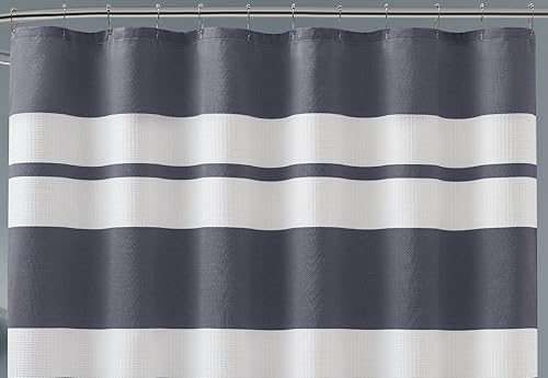 Miniatura 3 de LinenZone Cortina de ducha de gofre de 70 pulgadas de ancho x 72 pulgadas de largo. Cortina de ducha azul marino con rayas blancas. Cortina de ducha