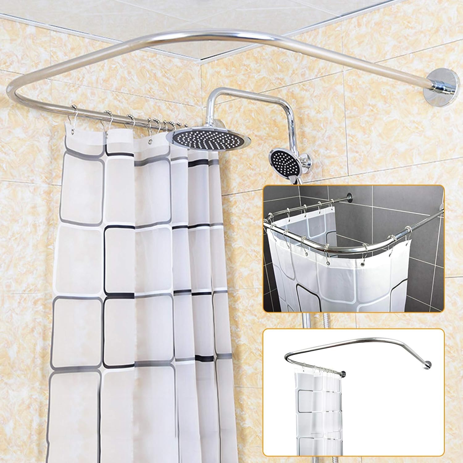 Barra de cortina de ducha extensible en forma de U, acero inoxidable negro, 80 x 80 x 80 cm, instalación sin taladro, perfecta para baños, tiendas de ropa y decoración moderna del hogar.