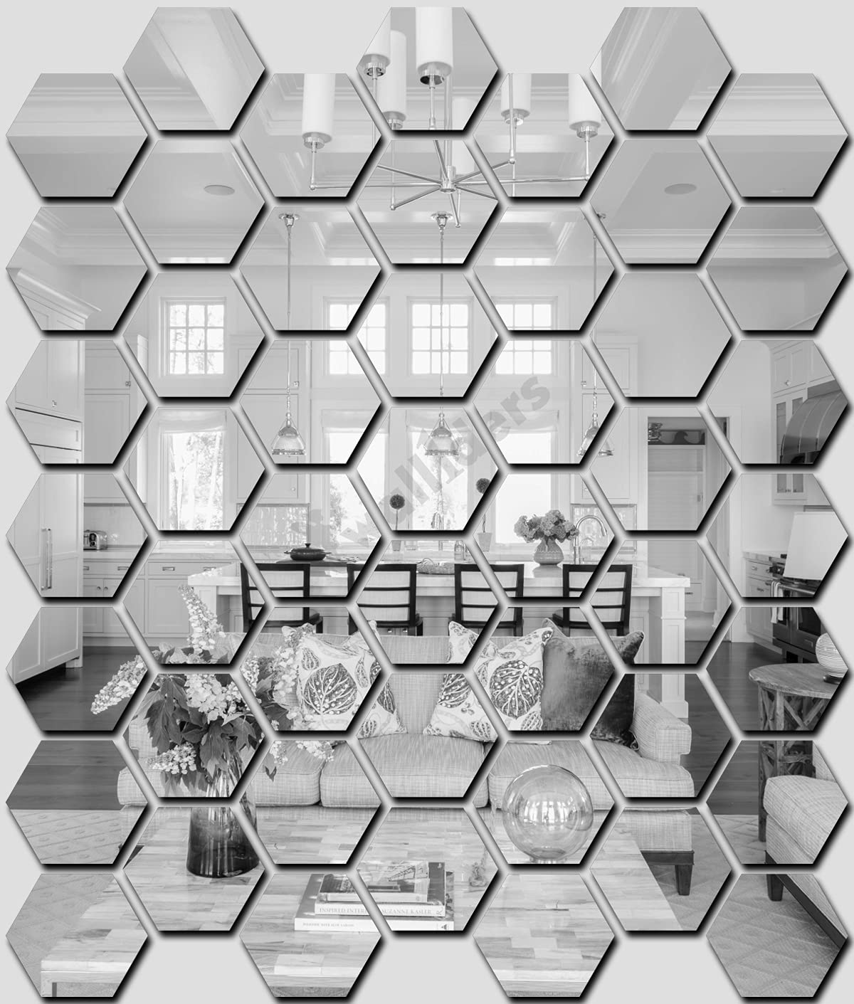 Wall1ders 50 Hexagon with 10 Butterflies (Each Hexagon Size 10.5 cm x 12 cm) Hexagon mirror wall stickers, mirror stickers for wall (Silver2)
