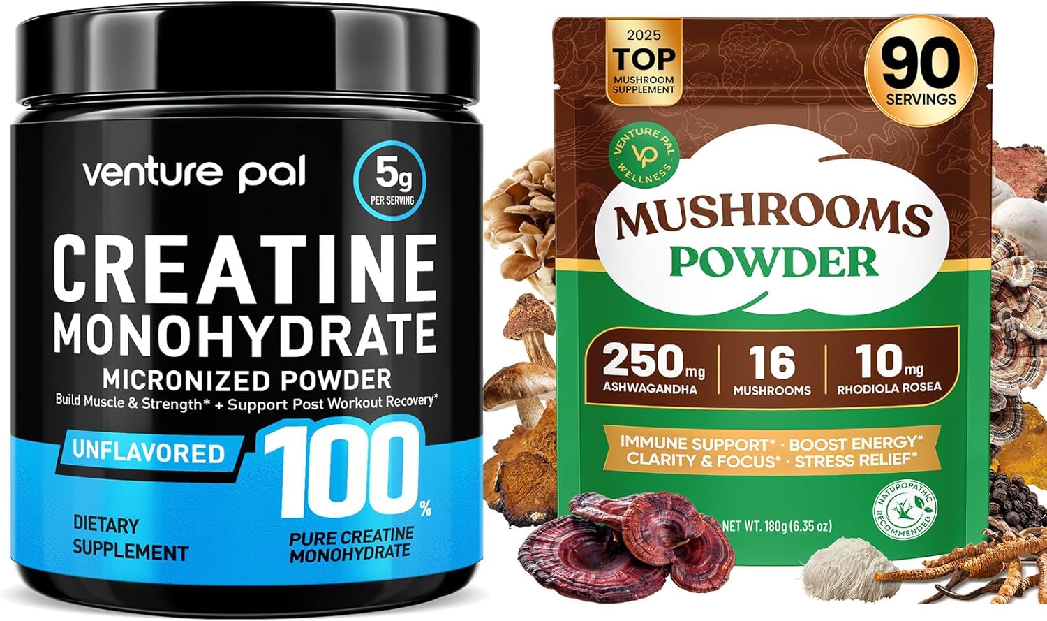 Venture Pal Creatine Monohydrate Powder + 16-in-1 Mushroom Powder with Adaptogens, Lion’s Mane, Rhodiola & Ashwagandha, 10:1 Fruiting Body Extract for Coffee & Tea