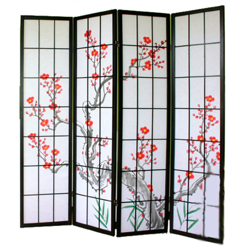 Paravent Japonais Fleur de Cerisier en Bois Noir de 4 pans, L176 x H175 x P2 cm -PEGANE-