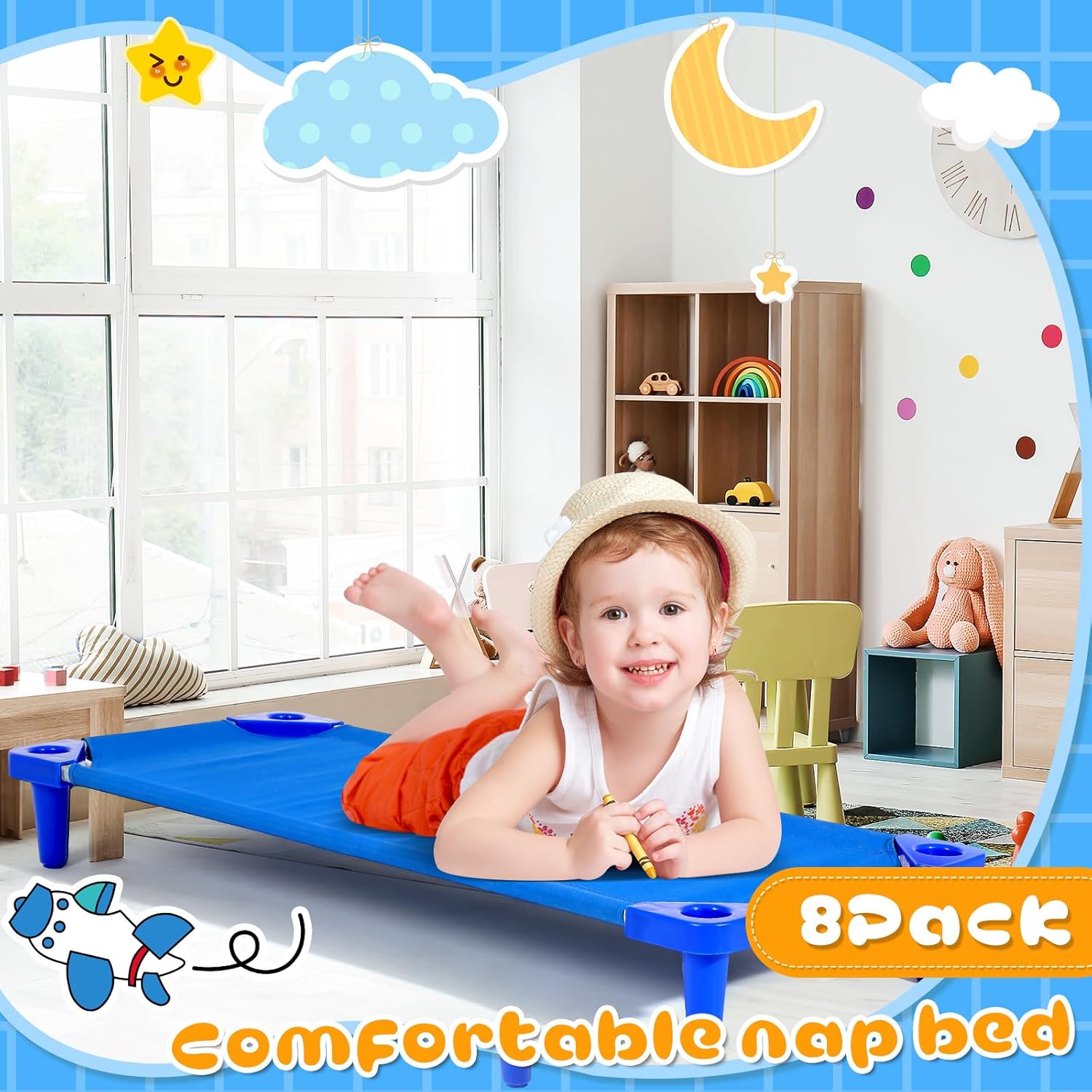 8 Pcs Stackable Daycare Cots for Toddler 54" l x 23" W Kids Cots for Sleeping Portable Kids Bed Furniture Bed Frames Headboards Footboards for Classroom Preschool (Blue)