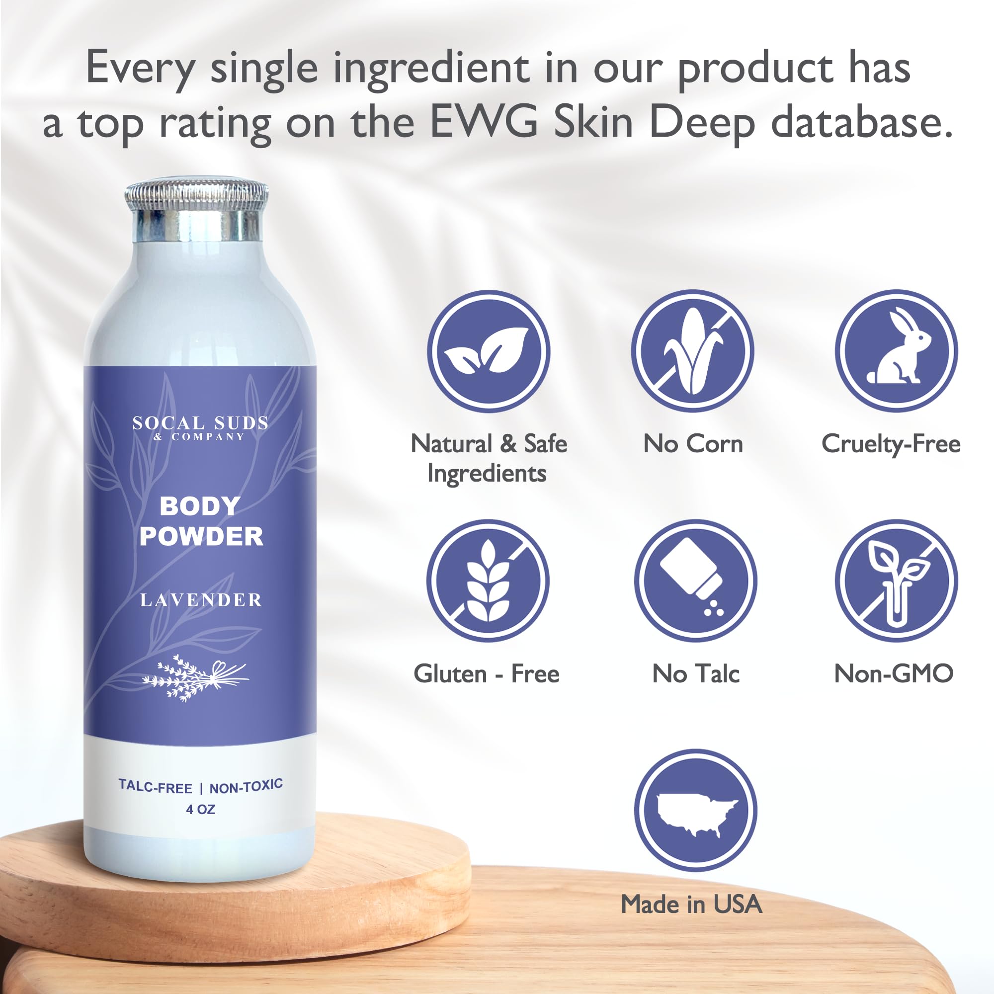 SoCal Suds & Company - Natural Body Powder Talc-Free with Arrowroot Powder, Kaolin, Aspen Bark Extract for Soft Soothing Delicate Skin - Lavender 4oz, 1-Pack