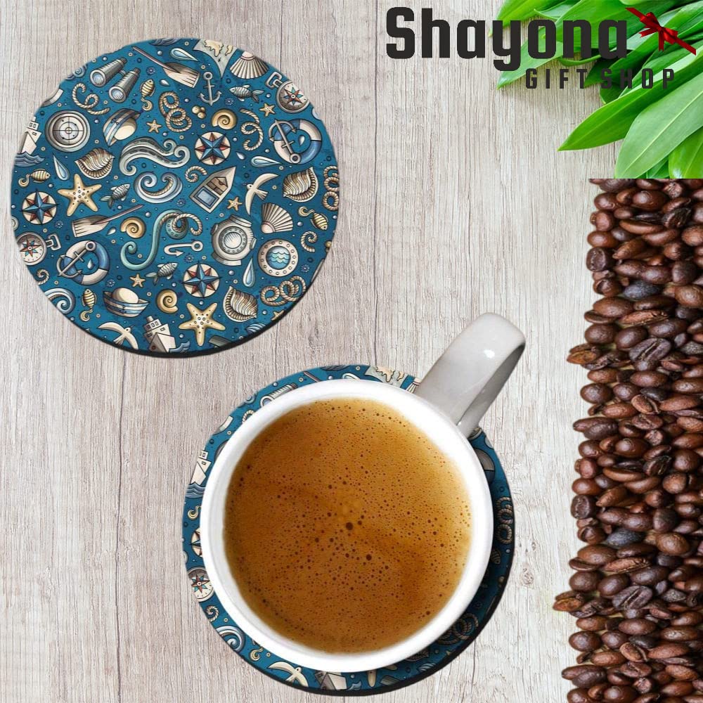 SHAYONA 6 Pcs Cool Blue Coasters with Holder Round Ceramic Table Coasters Set Decorative Coffee Cup Beverage Coasters Wine Beer Bar Coasters 9.5 Cm Diameter 2