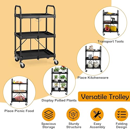 Miniatura 4 de Nightcore Carrito utilitario plegable, carrito de servicio de alimentos de 3 niveles con ruedas bloqueables, capacidad de 330 libras, carrito de