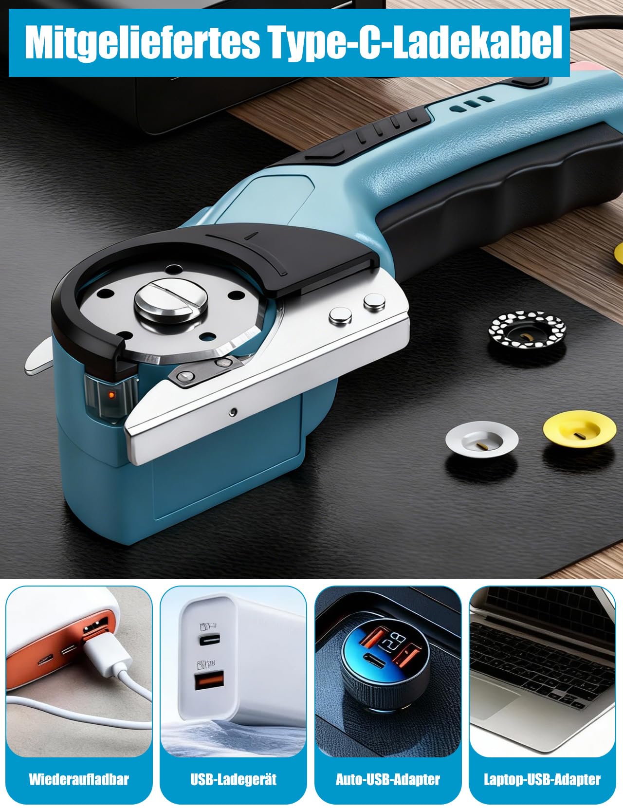 Elektrischer Schere, Tragbarer Kartonschneider mit Sicherheitsschalter, Kabellos Rotationsschneider Wiederaufladbar mit 320 U/min Zum Schneiden von Leder, Karton, Teppich, Filz (Blau)
