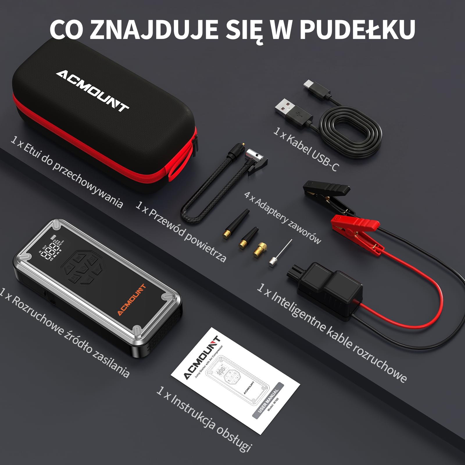 Rozrusznik Samochodowy 7000A, 21800mAh 150PSI Kompresor, Przenośny Wzmacniacz Baterii 12V Odpowiedni do Wszystkich Benzynowych i Silników Wysokoprężnych do 12.0L z Wyświetlaczem LCD i Latarką LED