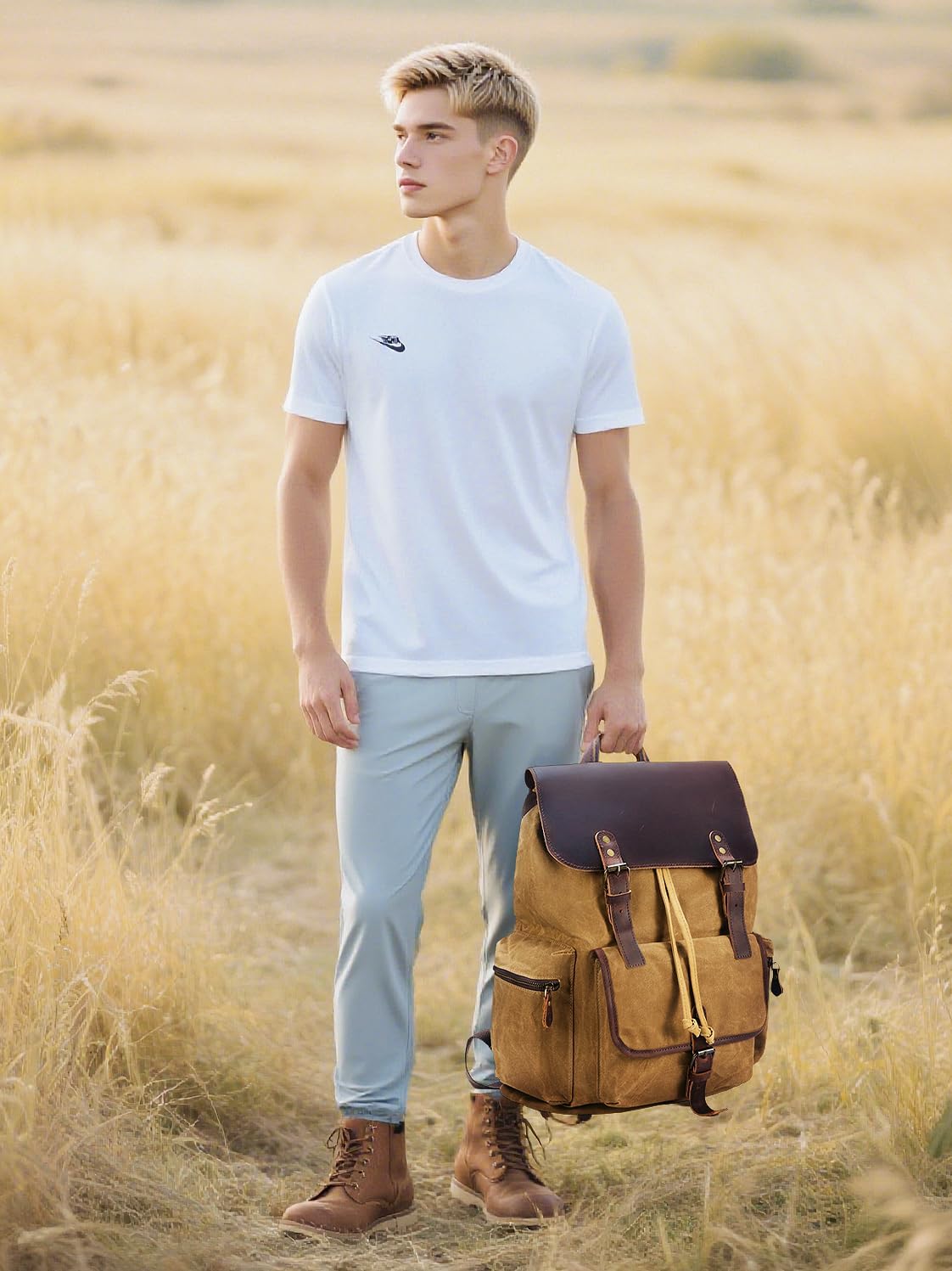 Vintage Waxed Canvas Backpack Casual Genuine Leather Laptop Rucksack Shoulder DayPack for Travel/Hiking/School - Image 2