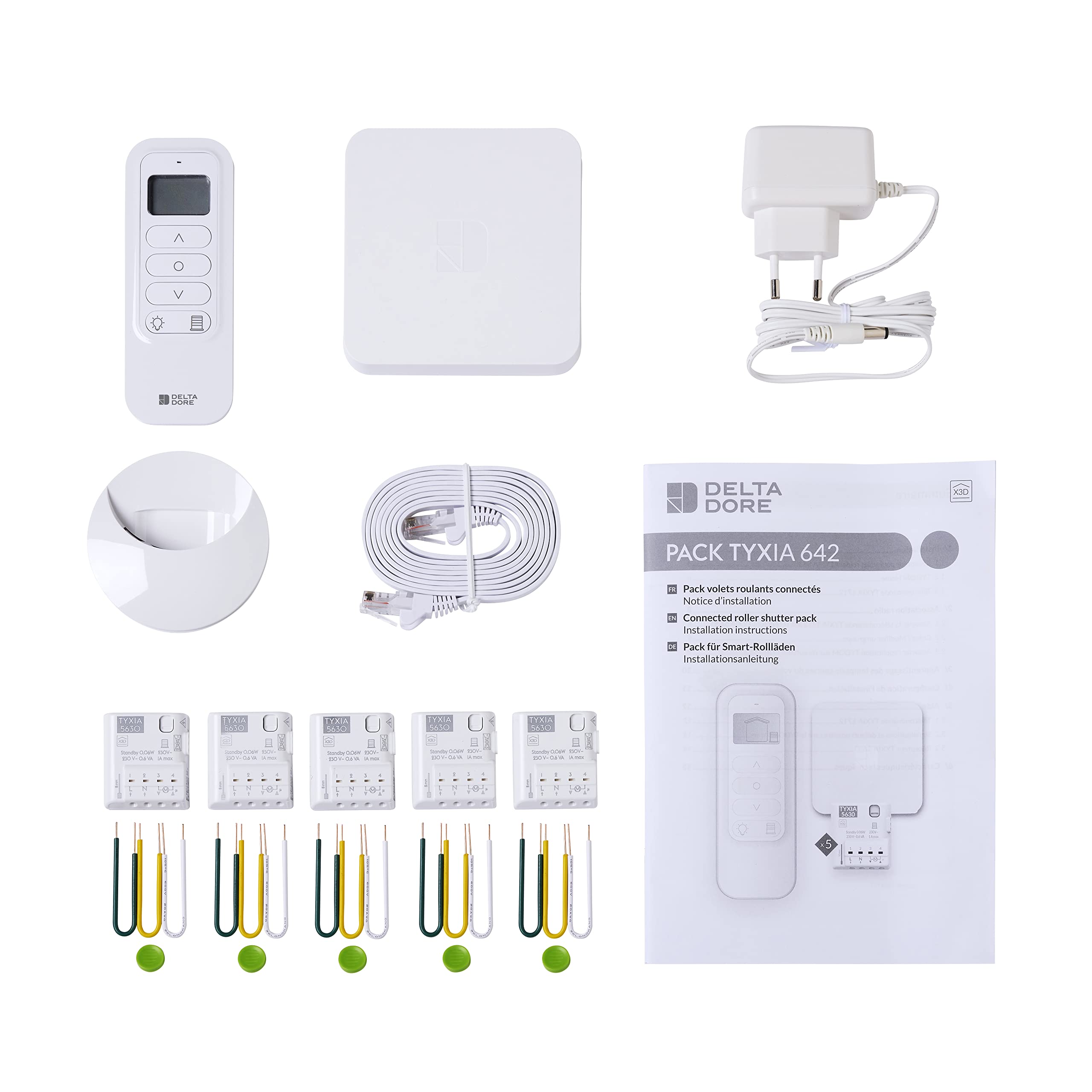 Delta Dore Pack Tyxia 642 connecté pour le contrôle via application de 5 volets filaires avec 5 récepteurs, 1 télécommande et une box maison connectée. Volets connectés, Commande vocale 6351437 Blanc