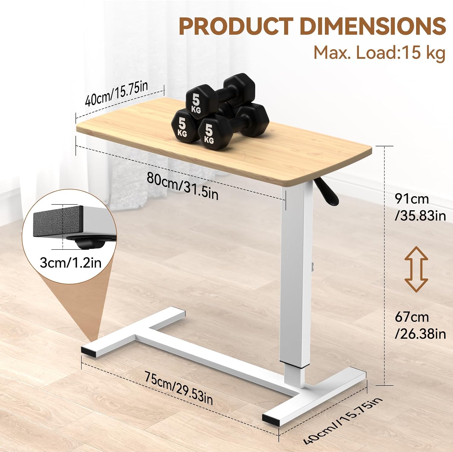 Diagram showing product dimensions including tabletop width 80cm, depth 40cm, height range 67-91cm, base length 75cm, and max load 15kg.