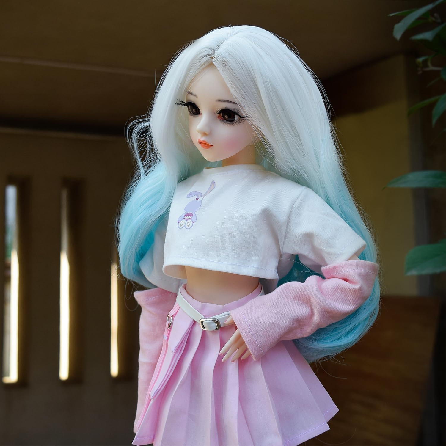 1/3 BJD Doll, 22 Movable Joints Full Set Doll with Long Curly White-Blue Gradient Hair, Pink Outfit & Shoes, Collectible Fashion Ball Jointed Doll for Girls Gift