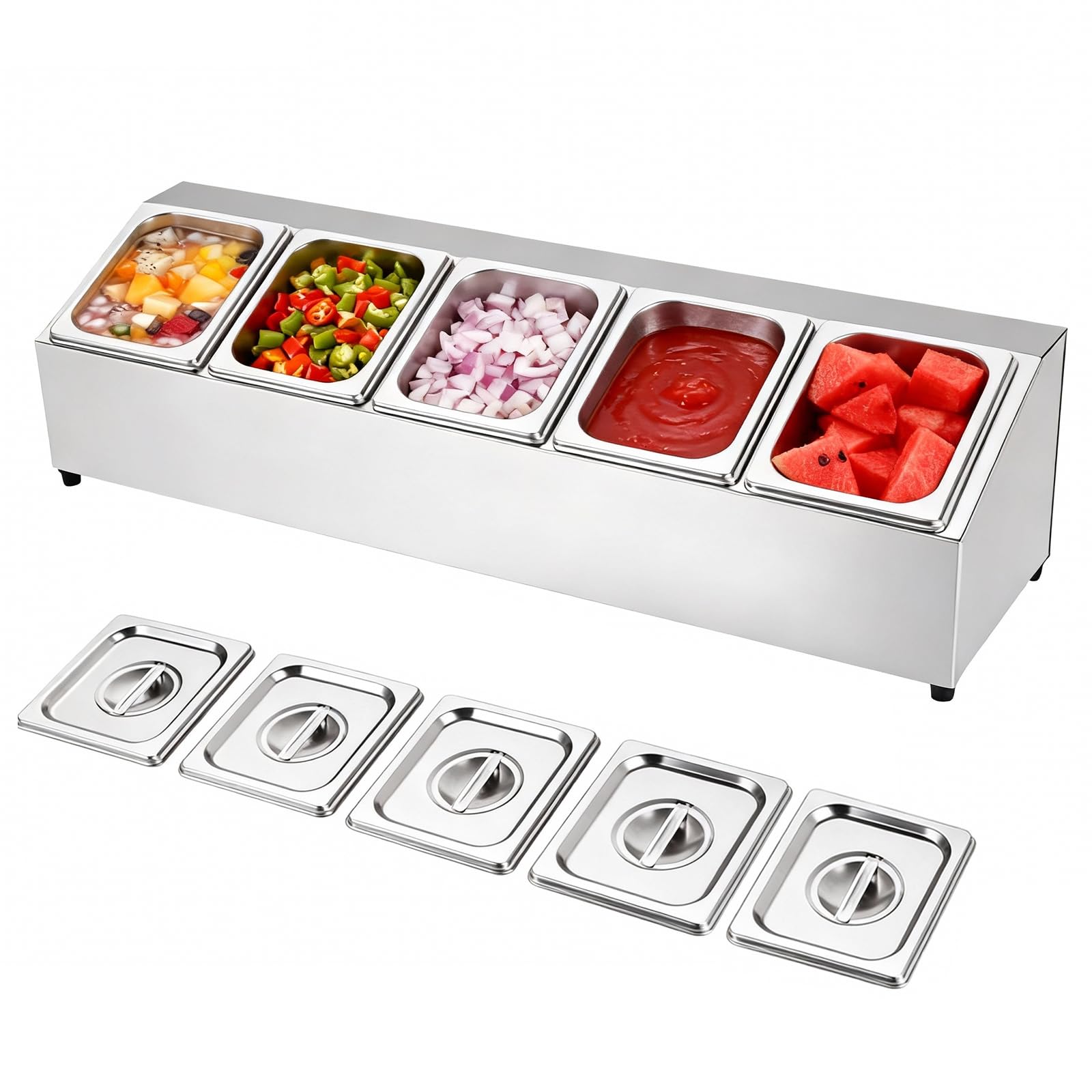 Plaque de cuisson à pizza en acier inoxydable avec couvercle, 5 compartiments pour assaisonnement, ingrédients, restaurants, boutiques de fruits, 86 x 22,5 x 21,5 cm