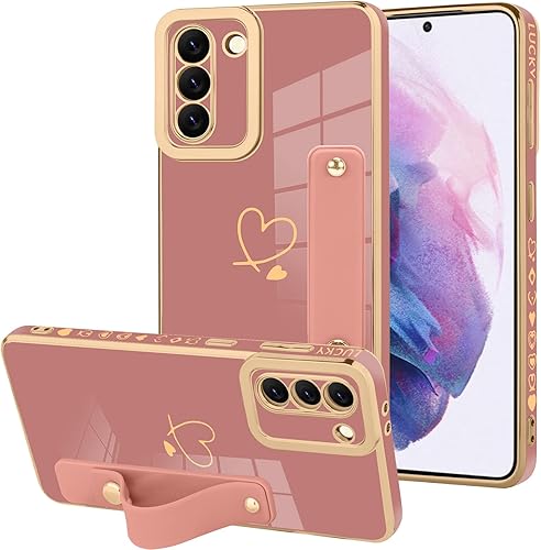 ZIYE Funda galvanizada de lujo para Galaxy S21 Plus 5G con correa chapado en corazón dorado para mujeres y niñas, antiarañazos, a prueba de golpes,