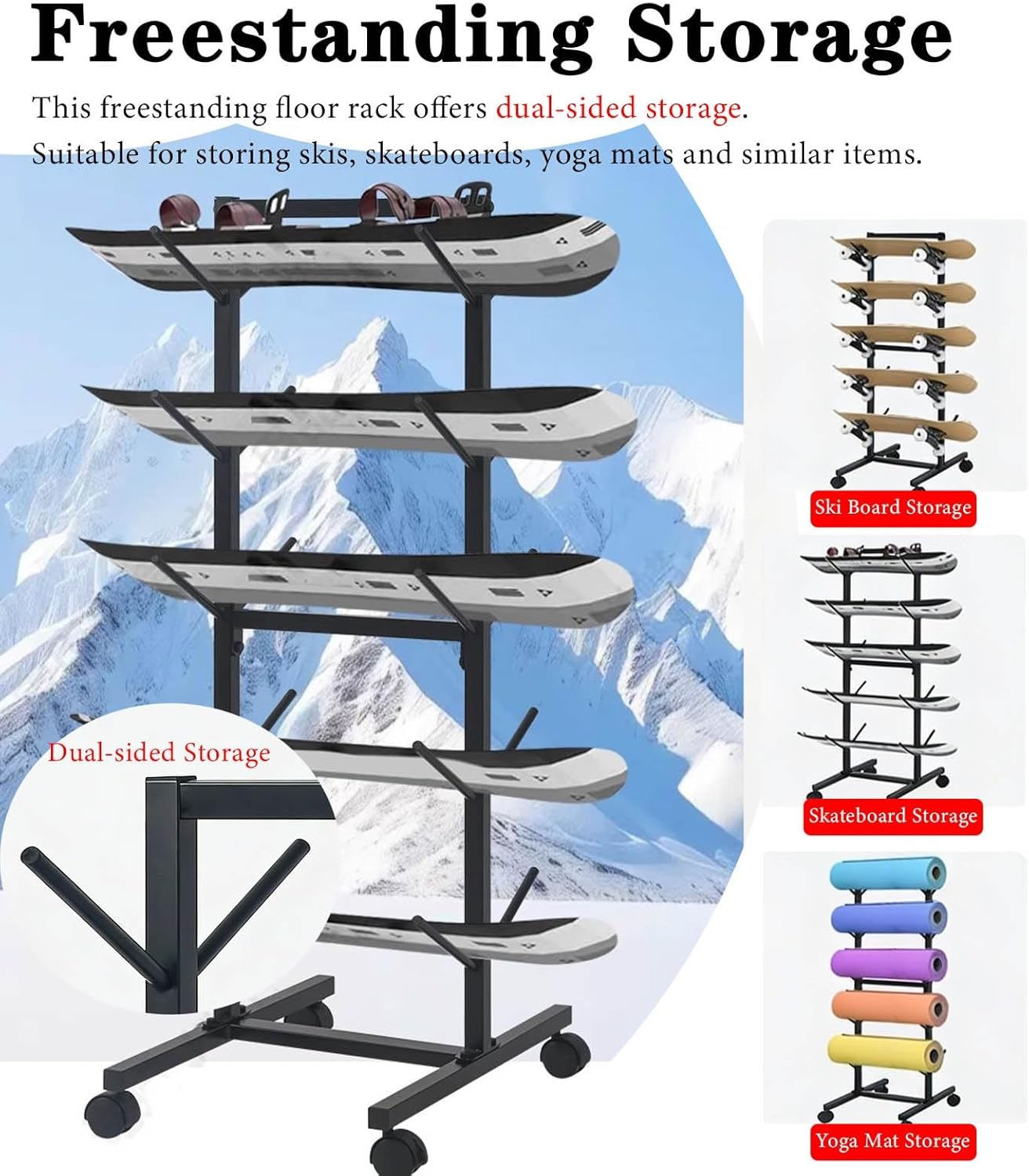 Rolling Ski & Snowboard Storage Rack with Wheels, 5-Tier Metal Ski Holder Skateboard Display, Commercial Large Snow Ski Organizer Stand