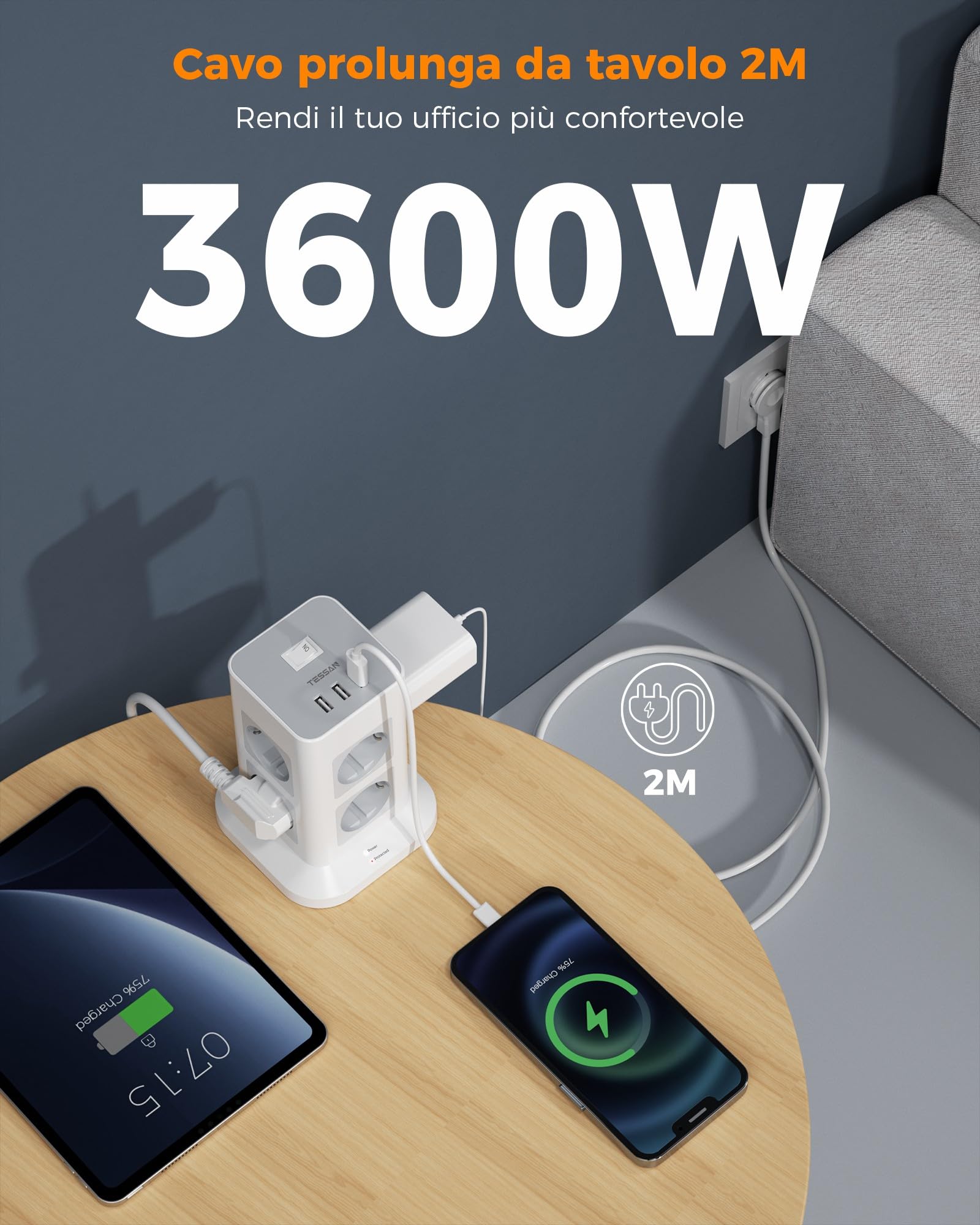 TESSAN Ciabatta Multipresa con USB, Multipresa Verticale con 8 Prese e 3 USB, Multi Presa Elettrica con Spina Piatta con Cavo 2M e Interruttore, 3600W