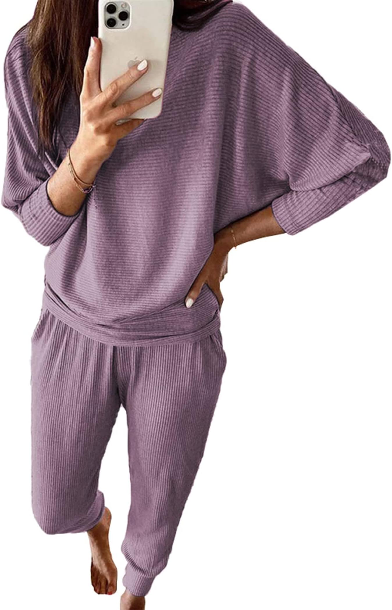 Women's Fall 2 Piece Lounge Set Long Sleeve Tops Ribbed Pants Spring Matching Sweatsuit Travel Outfits Clothes