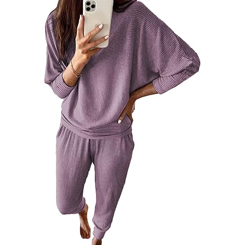 PRETTYGARDEN Women's Fall 2 Piece Lounge Set Long Sleeve Tops Ribbed Pants Spring Matching Sweatsuit Travel Outfits Clothes