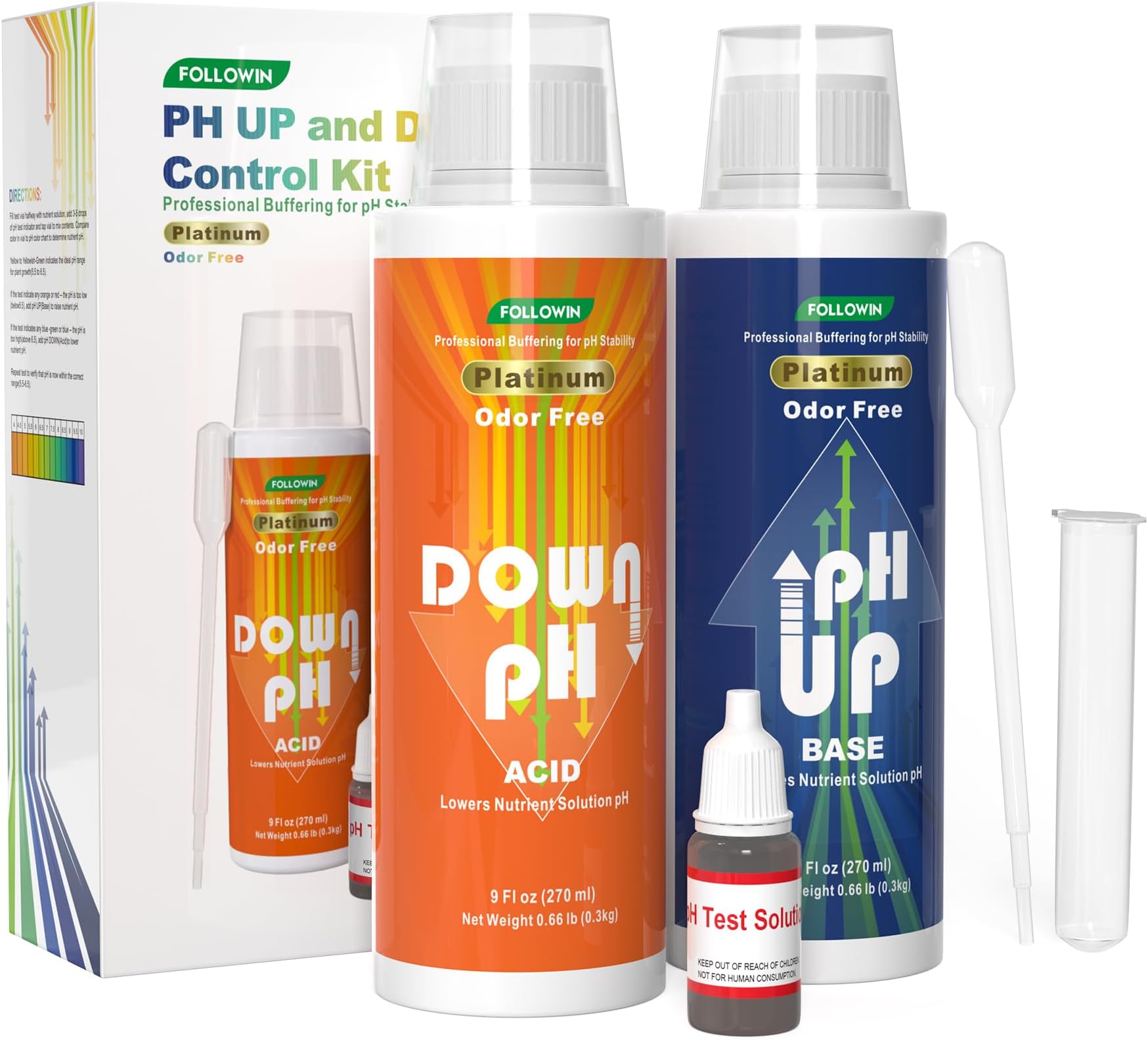 FOLLOWIN pH Up and Down Control Kit for Hydroponics and Soil Gardens | Concentrated Liquid pH Adjuster Set (9 oz + 9 oz) with pH Indicator, Balanced Nutrient Solution for Plants
