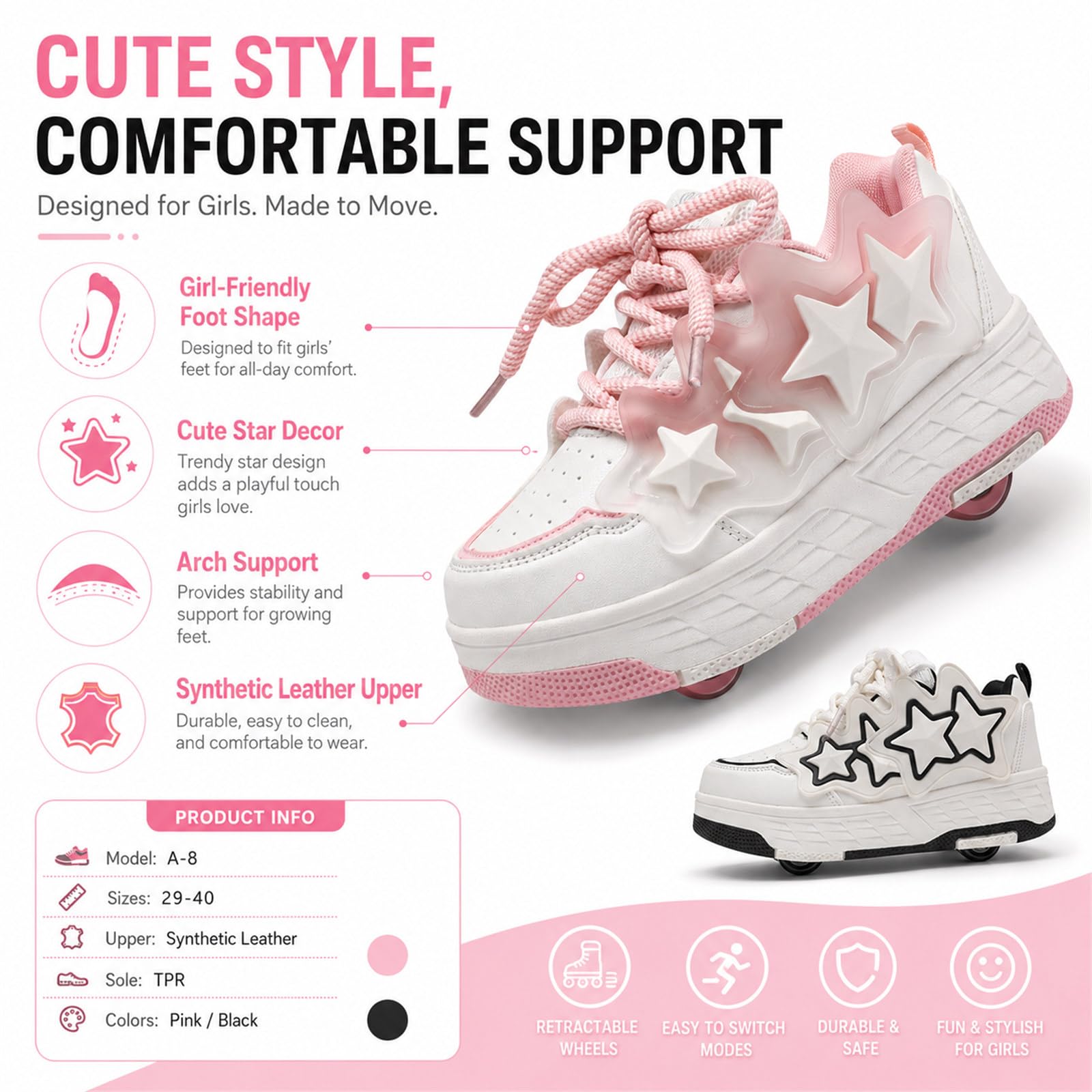 Mateju Sneakers con Rotelle Bambina 4 Rotelle, 2 in 1 Pattini Rimovibili Retrattili Skateboard, Bambino Scarpe Sportive per Adolescenti, Talla 30-40 EU Regalo di Compleanno