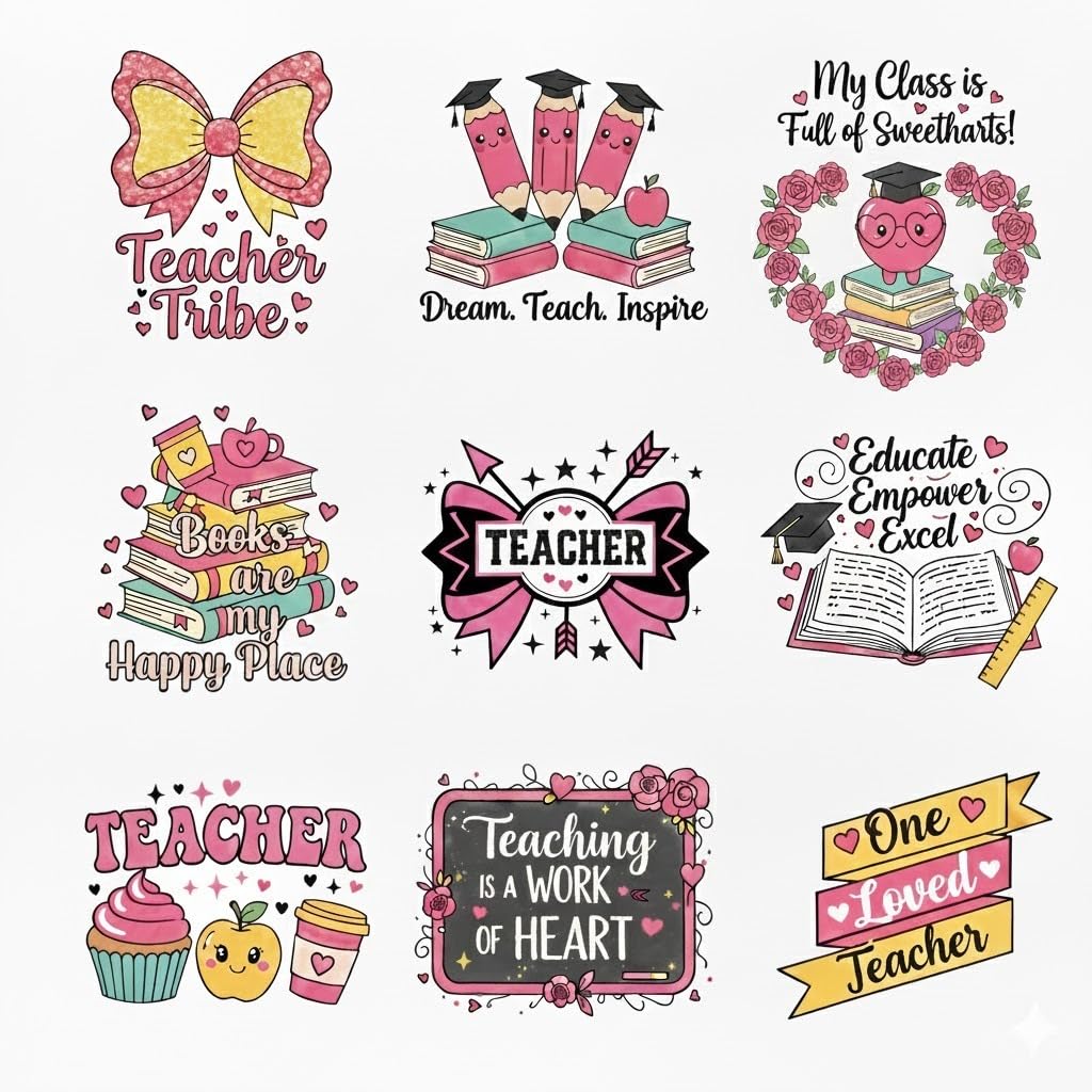 UV DTF Transfer Stickers for Teachers, 9 Sheets Waterproof Rub on Decals for Cups Mugs Tumblers, 2.5 Inch DIY Craft Wraps