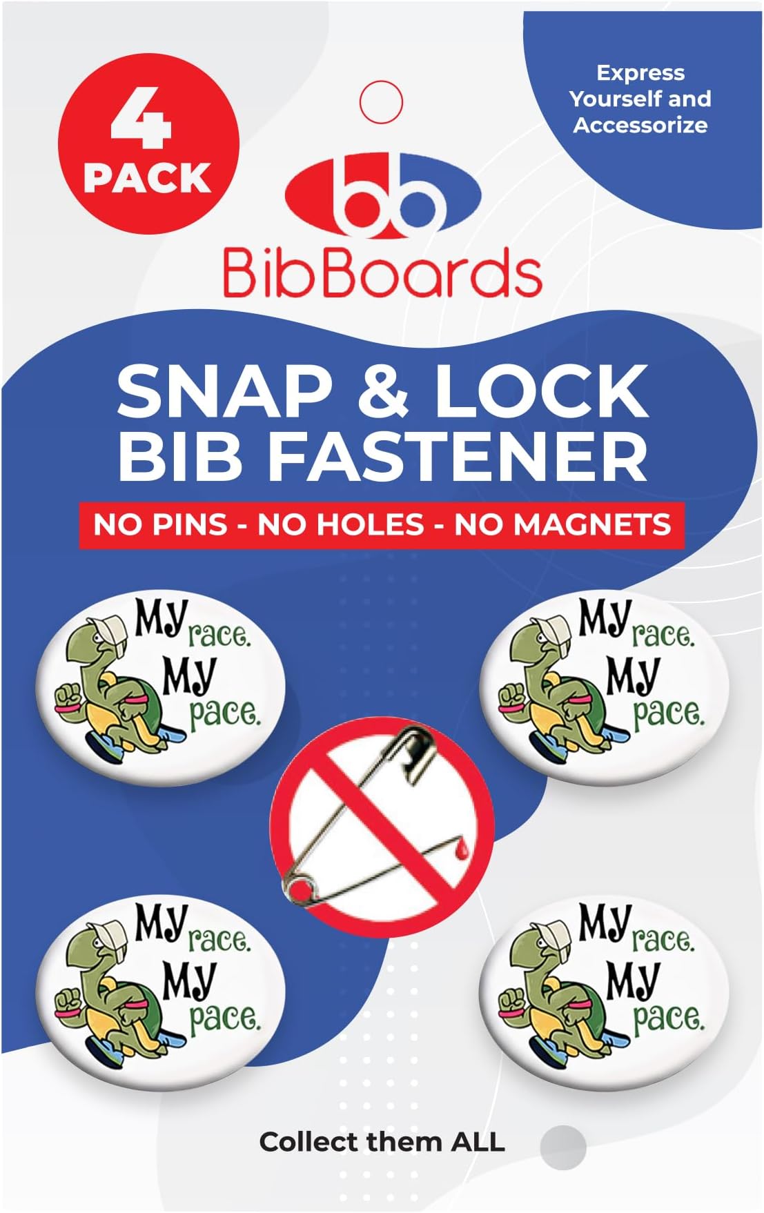 bibSNAPS Race Bib Clips, My Race My Pace Turtle, 4 Pack | Race Bib Clips, Safety-Lock Fasteners, Non-Magnetic, Reusable, Fabric-Friendly, For Running, Marathons, Triathlons, Cycling