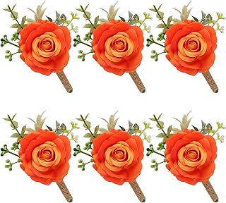 Gvhntk Burnt Orange Rose Boutonniere for Men Wedding Set of 6 Groom Groomsmen Best Man Artificial Flowers Boutonniere for Wedding Ceremony Anniversary Prom Flowers Formal Dinner Party (Orange)