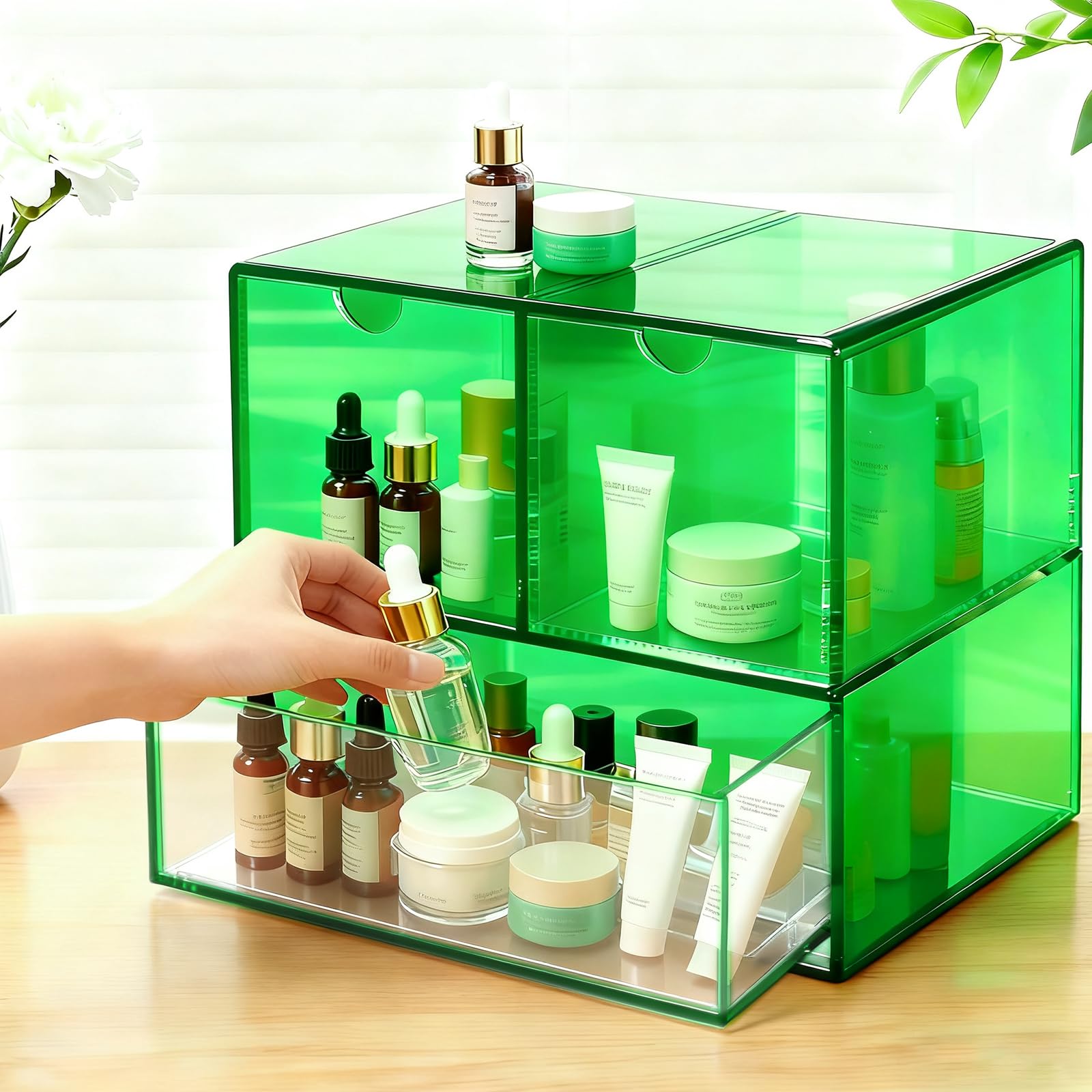 Gelite Organiseur de bureau avec 3 tiroirs de rangement pour maquillage et bureau en acrylique - Organisateur de tiroir pour coiffeuse et bureau - Vert émeraude