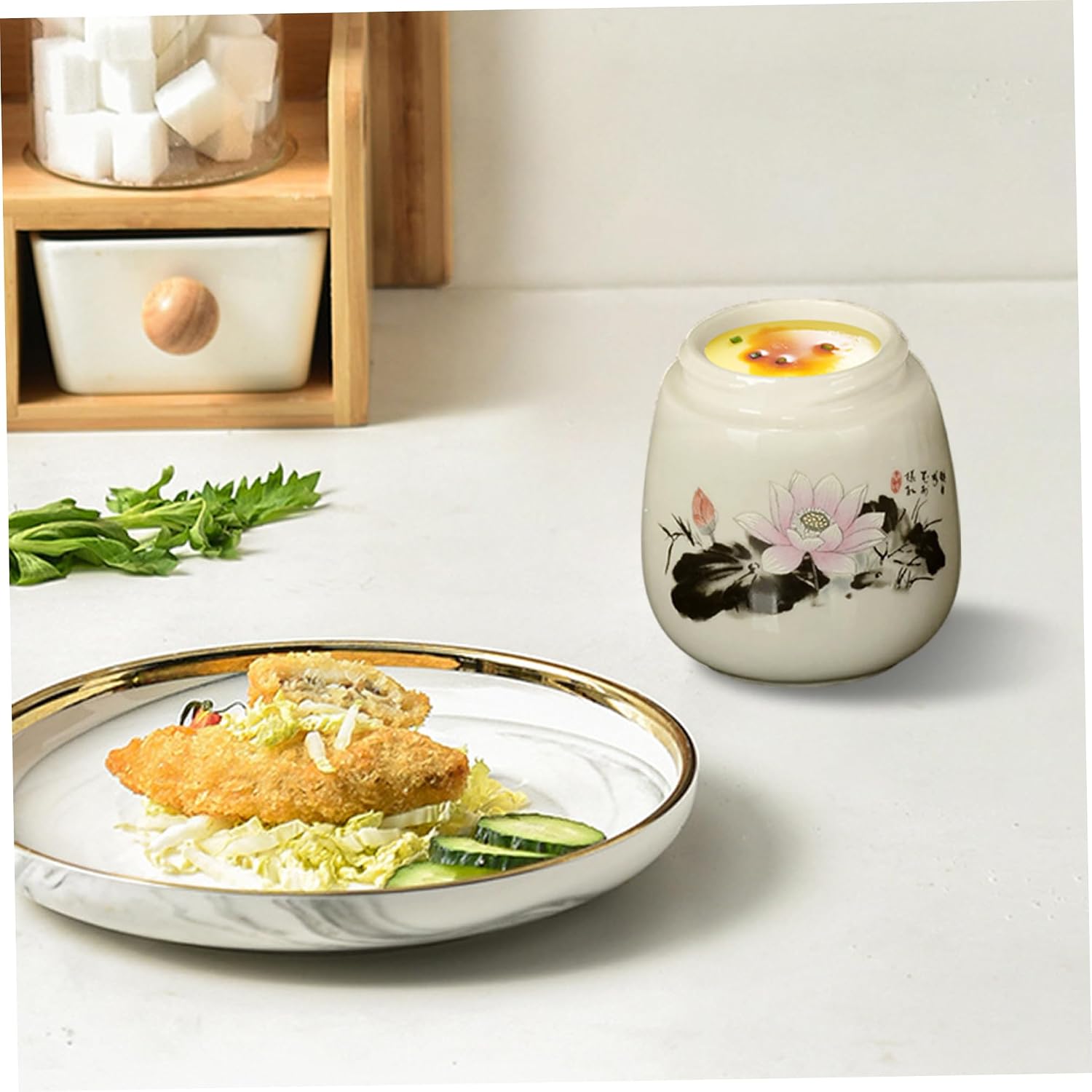 Coddled Egg Cups 2Pcs 220ml Ceramic Coddled Egg Cups with Lids, Vintage Steamed Dish for Breakfast Serving and Tableware