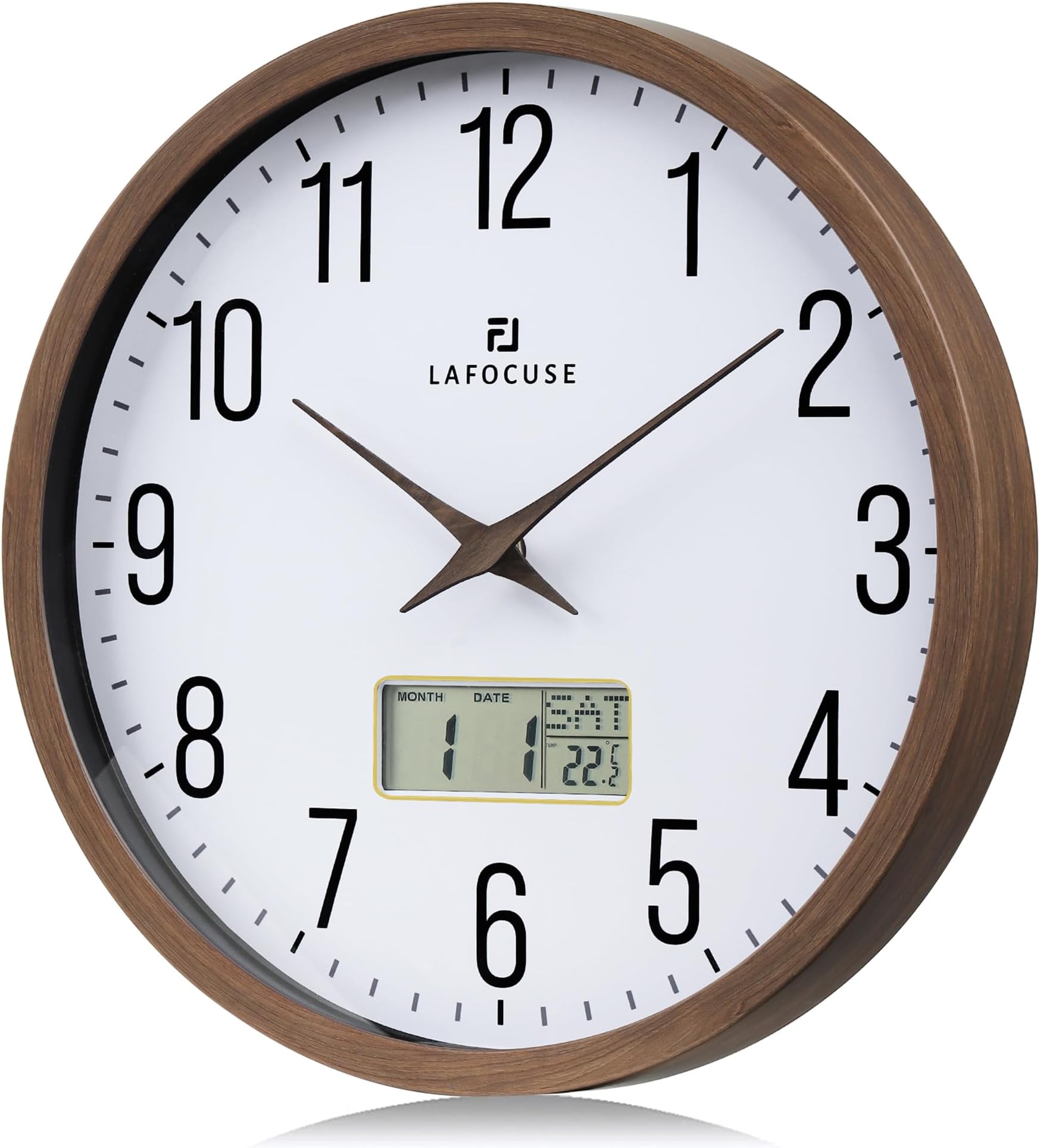 Lafocuse 12 inch Silent Wooden Grain Frame LCD Wall Clock with Date and Temperature,Time,Month,Day of Week,Quartz Digital Brown Wall Clocks Battery Operated Decorative for Living Room Office Bedroom