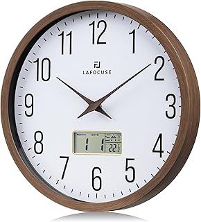 Lafocuse 12 inch Silent Wooden Grain Frame LCD Wall Clock with Date and Temperature,Time,Month,Day of Week,Quartz Digital Brown Wall Clocks Battery Operated Decorative for Living Room Office Bedroom