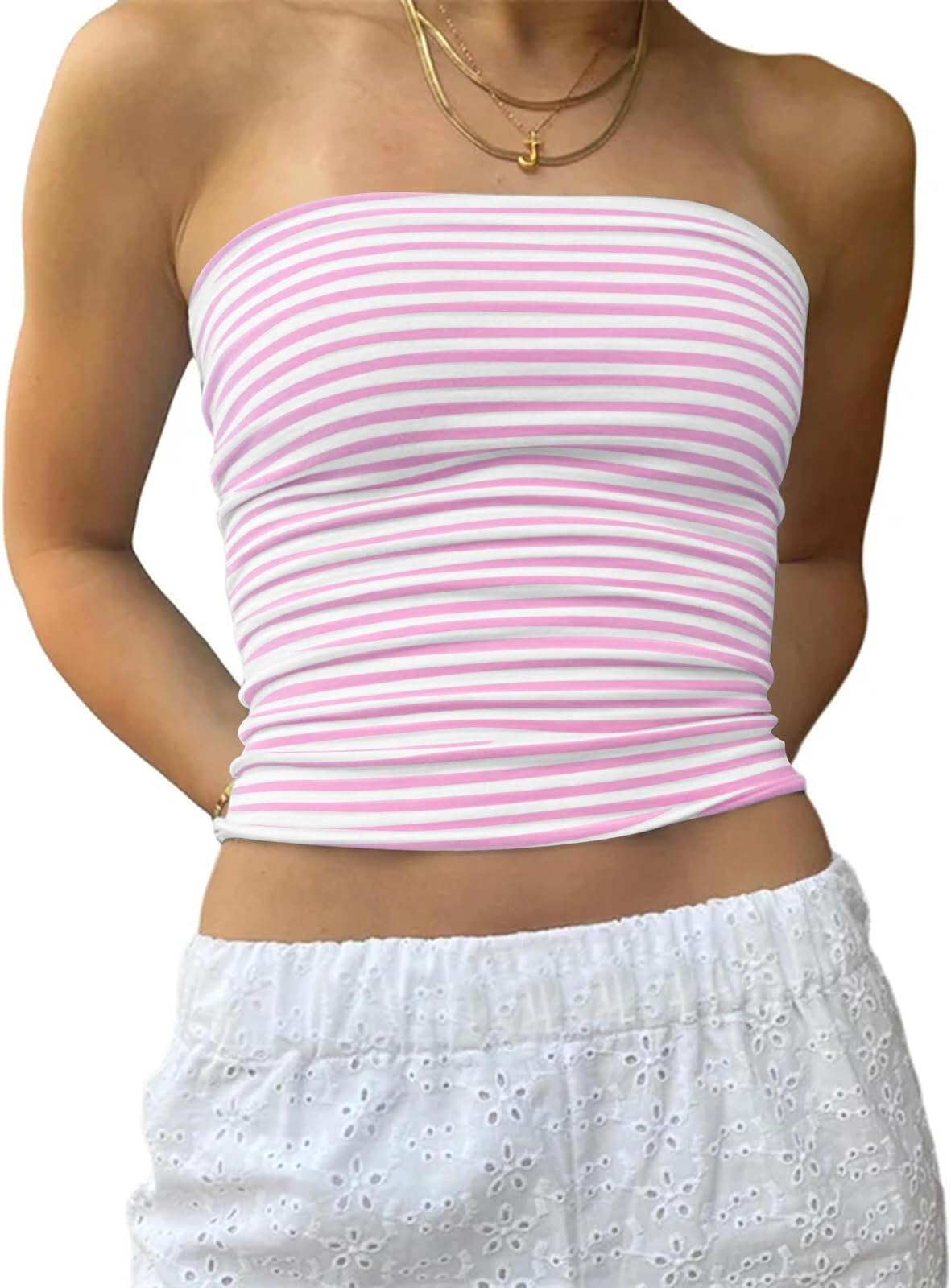 Women Strapless Striped Bandeau Tube Tops Summer Y2k Aesthetic Sleeveless Backless Going Out Crop Top for Teen Girls