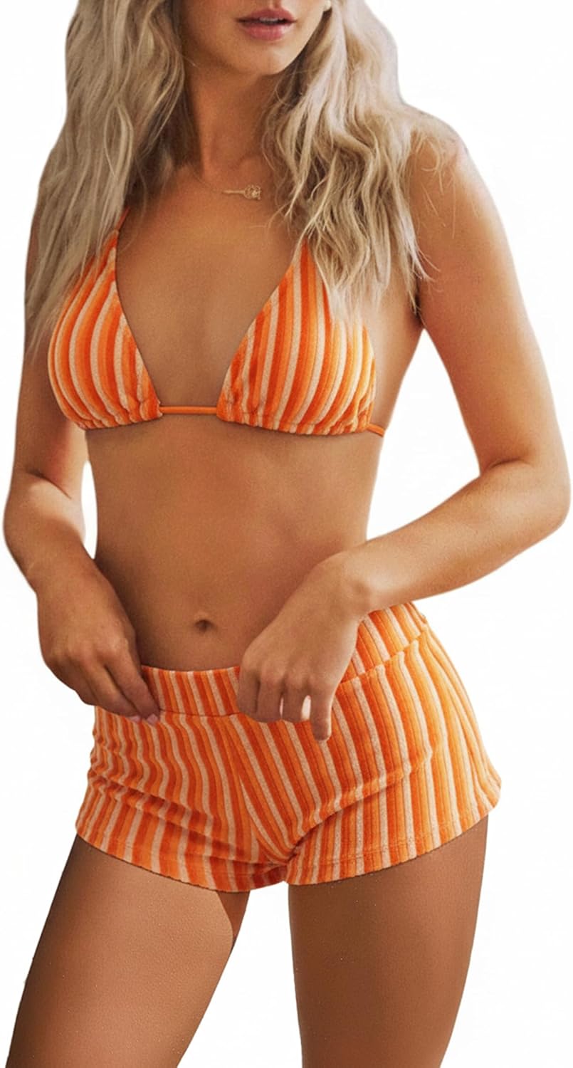 ZAFUL Bikini Sets for Women High Waisted Striped Bathing Suit Backless Halter Triangle Bikini Top Boyshort Bottom Swimsuits