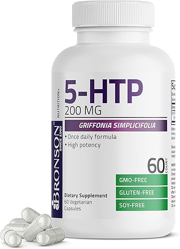 Bronson 5-HTP 200mg (5-hidroxitriptófano) Griffonia Simplicifolia Sin OMG, 60 Cápsulas Vegetarianas